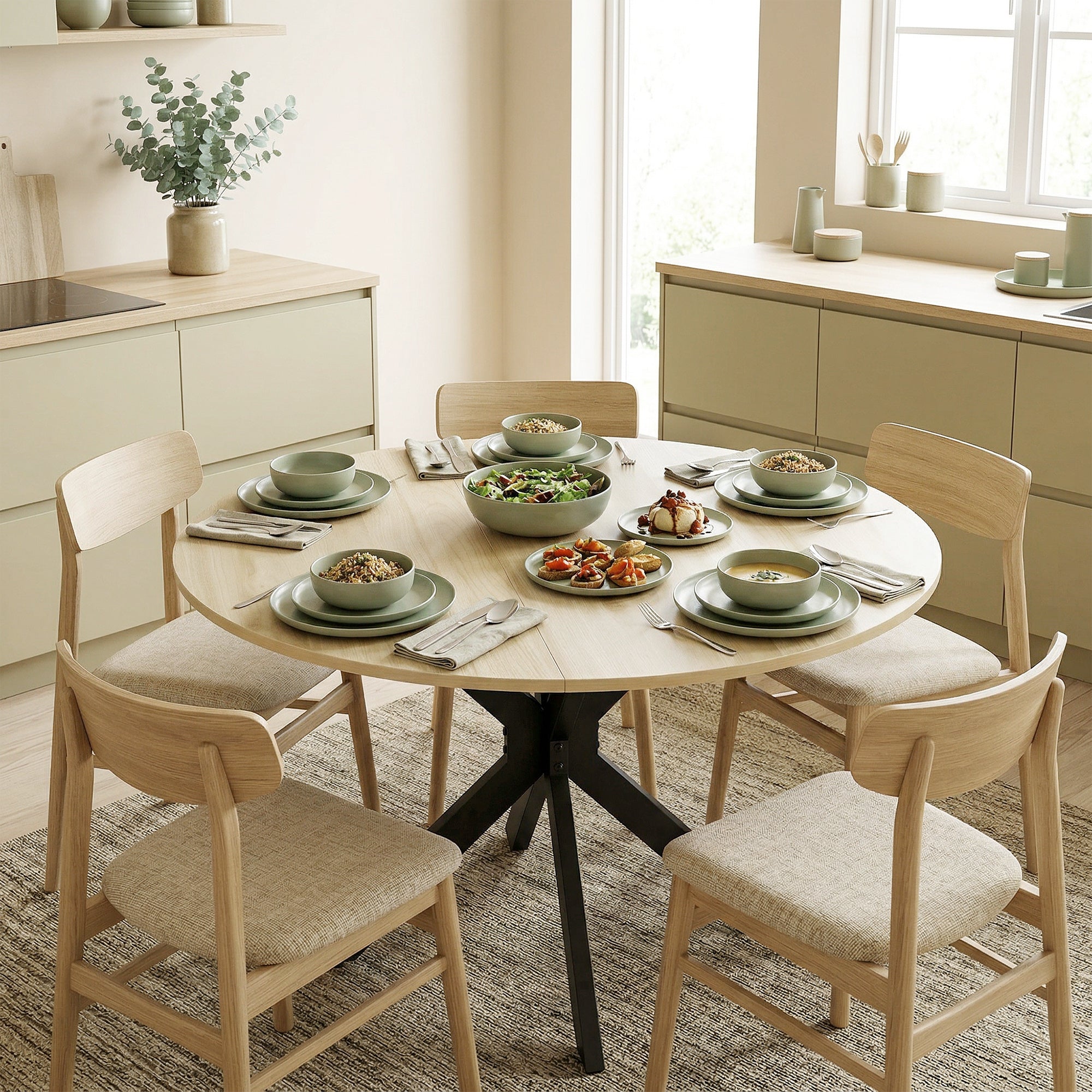 Table à manger pliante pour 2 à 6 personnes, table de cuisine ronde avec plateau rabattable et pieds croisés en acier, pour petits espaces, salle à manger, Ø110 x 76 cm, bois naturel