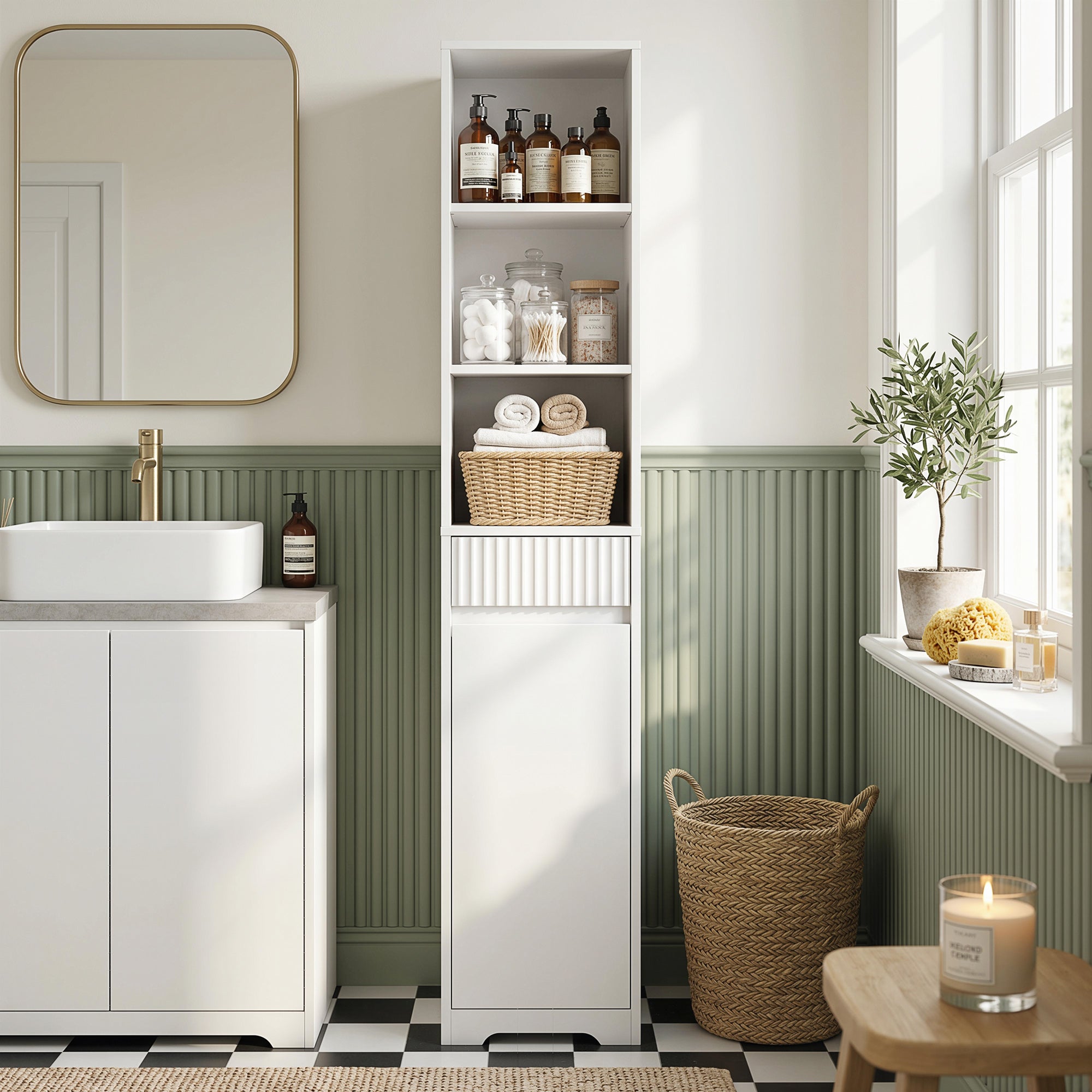 Meuble de salle de bain haut, meuble de rangement, colonne salle de bain avec porte, tiroir, compartiments ouverts, étagère réglable, style moderne, pour salon, chambre, 33x30x172cm, blanc