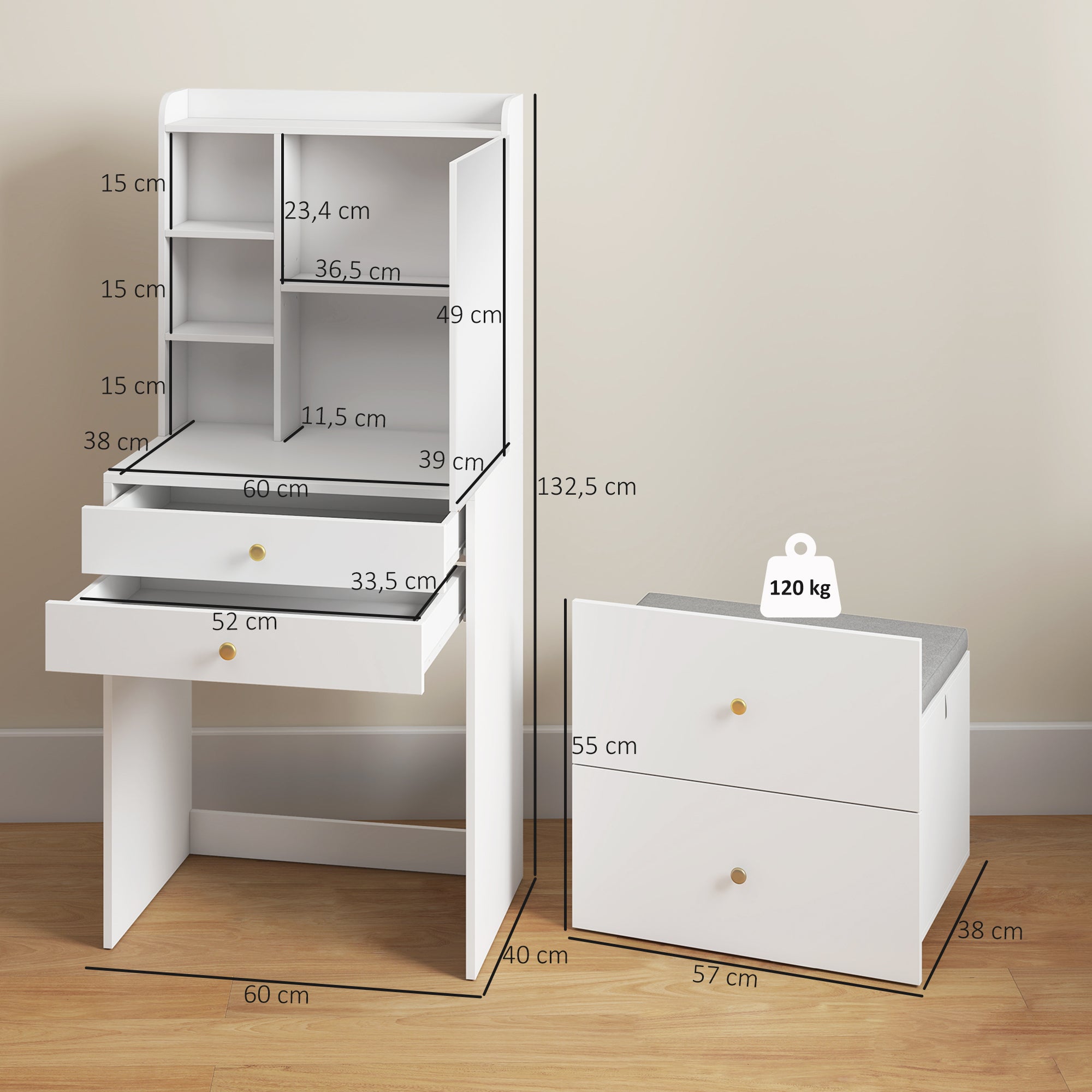 Coiffeuse avec miroir et tabouret de rangement mobile, table de maquillage compacte, tiroirs, placard, compartiments ouverts, étagère réglable, siège rembourré, pour chambre à coucher, blanc