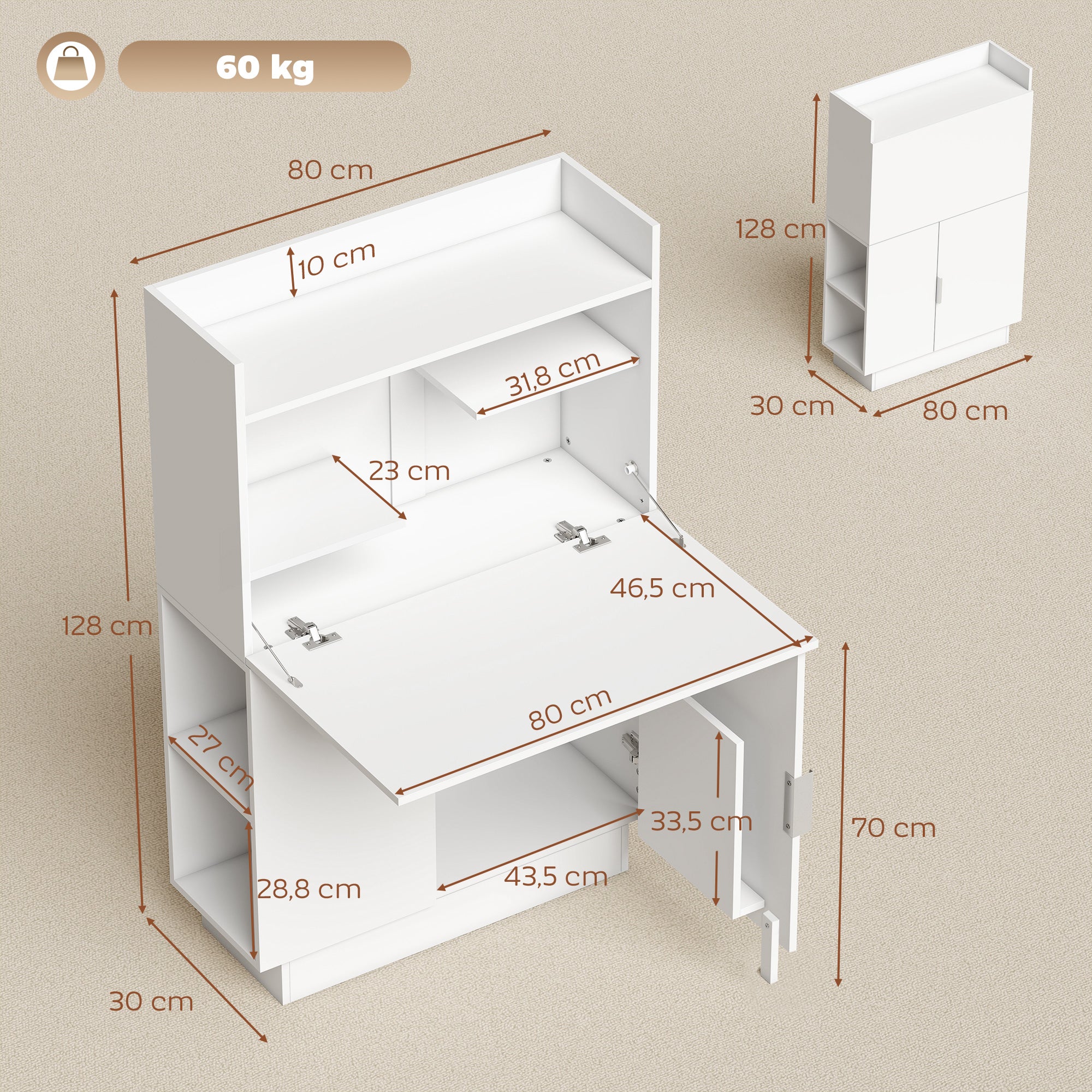 Bureau Pliant, Bureau Informatique avec Plateau Rabattable, Étagères de Rangement et Placard, Style Moderne, 80 x 30 x 128 cm, Blanc