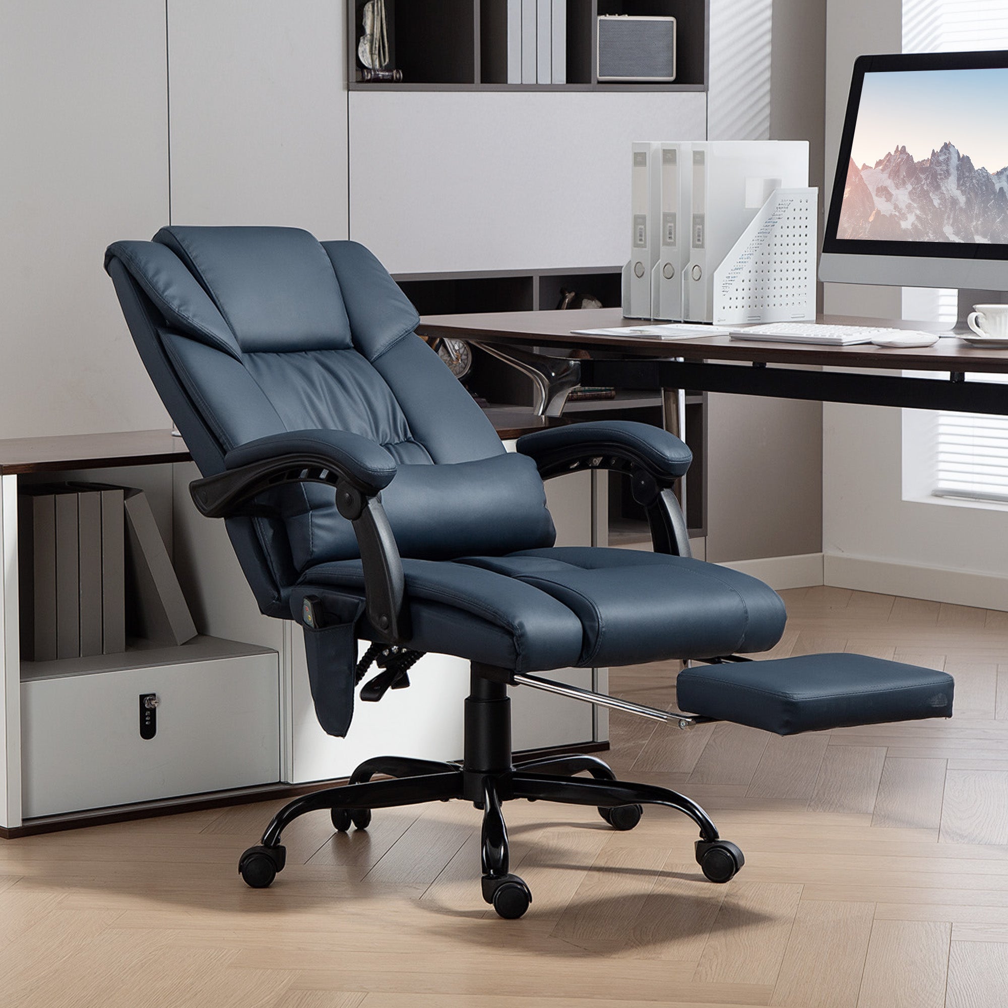 Fauteuil de bureau massant avec repose-pieds, chaise de bureau, chaise ergonomique, hauteur réglable, dossier inclinable et télécommande filaire, tissu en revêtement synthétique, bleu