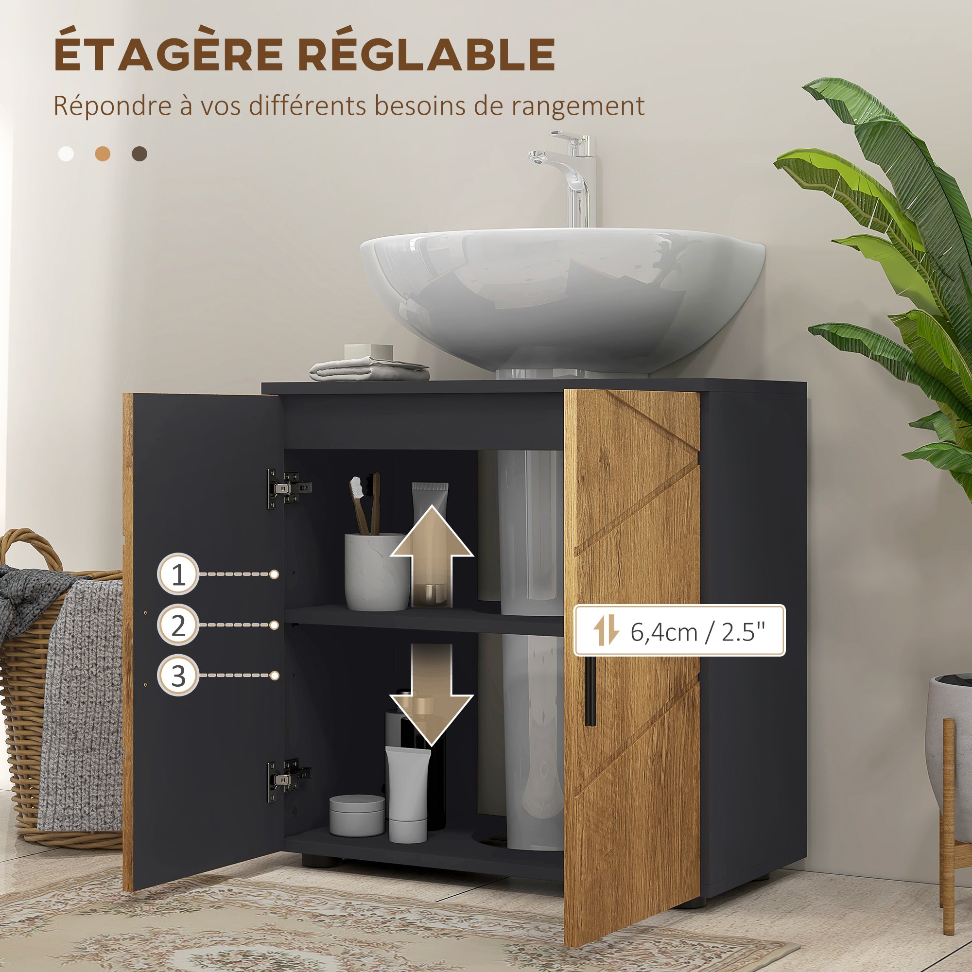 Meuble sous lavabo meuble de salle de bain 2 portes avec étagère réglable armoire de rangement pour vasque 60 x 30 x 60 cm gris anthracite et aspect bois