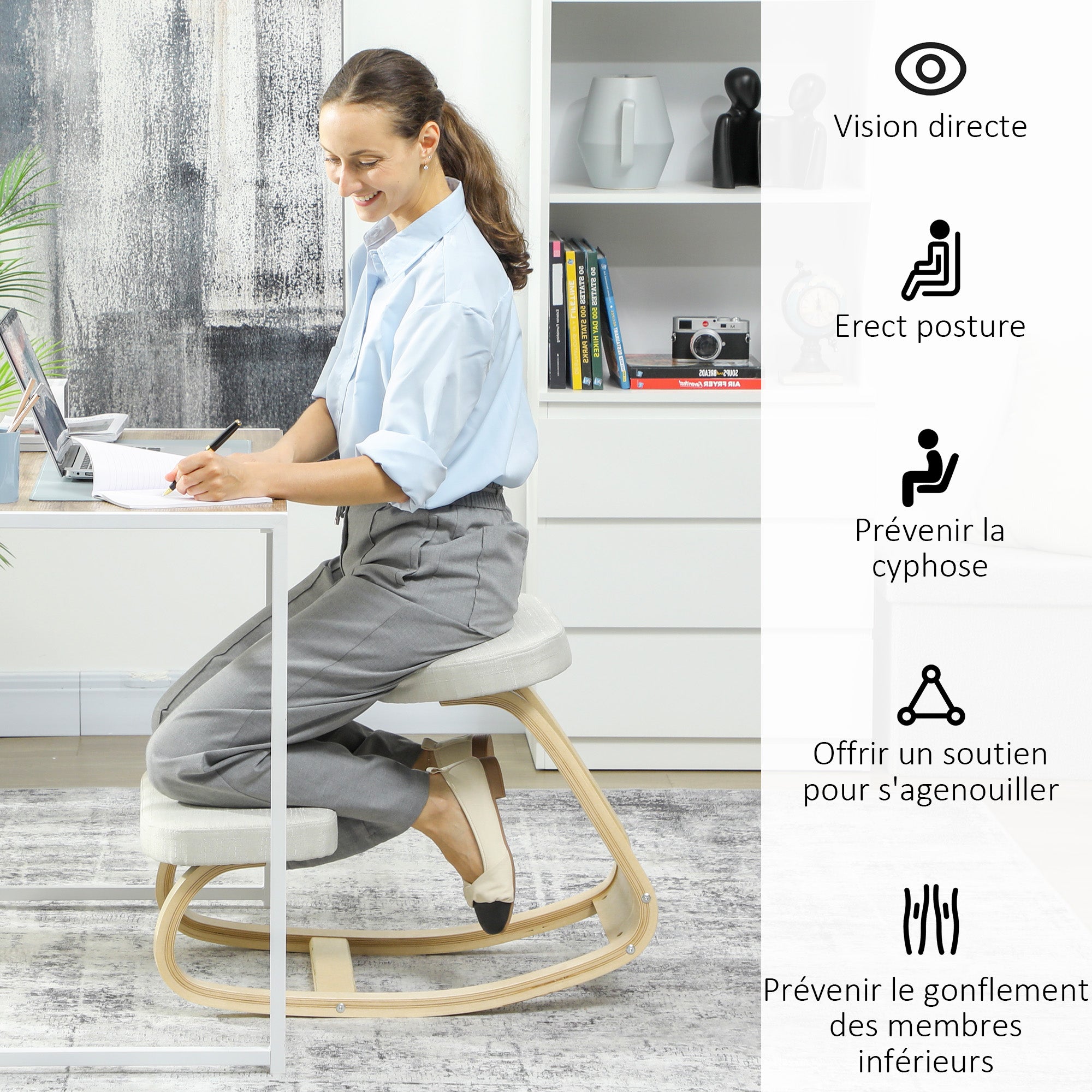 Siège assis genoux, siège ergonomique en bois à bascule, chaise à genoux pour bureau à domicile, améliorer la posture, maux de dos, crème