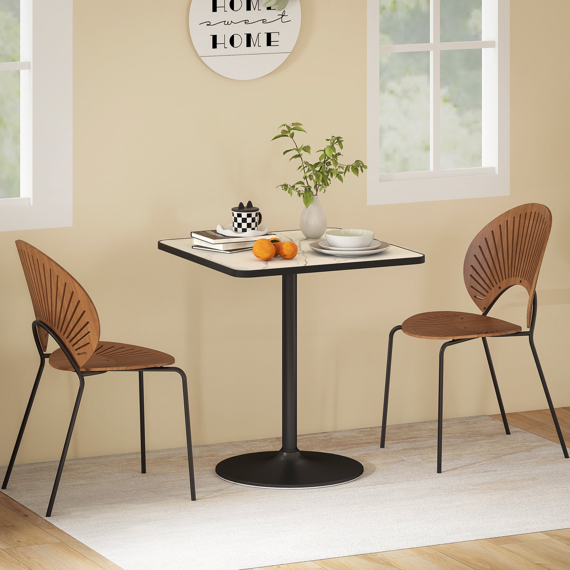 Table à manger pour 4 personnes table de cuisine style moderne avec plateau effet marbre et base ronde, 70 x 70 cm, blanc