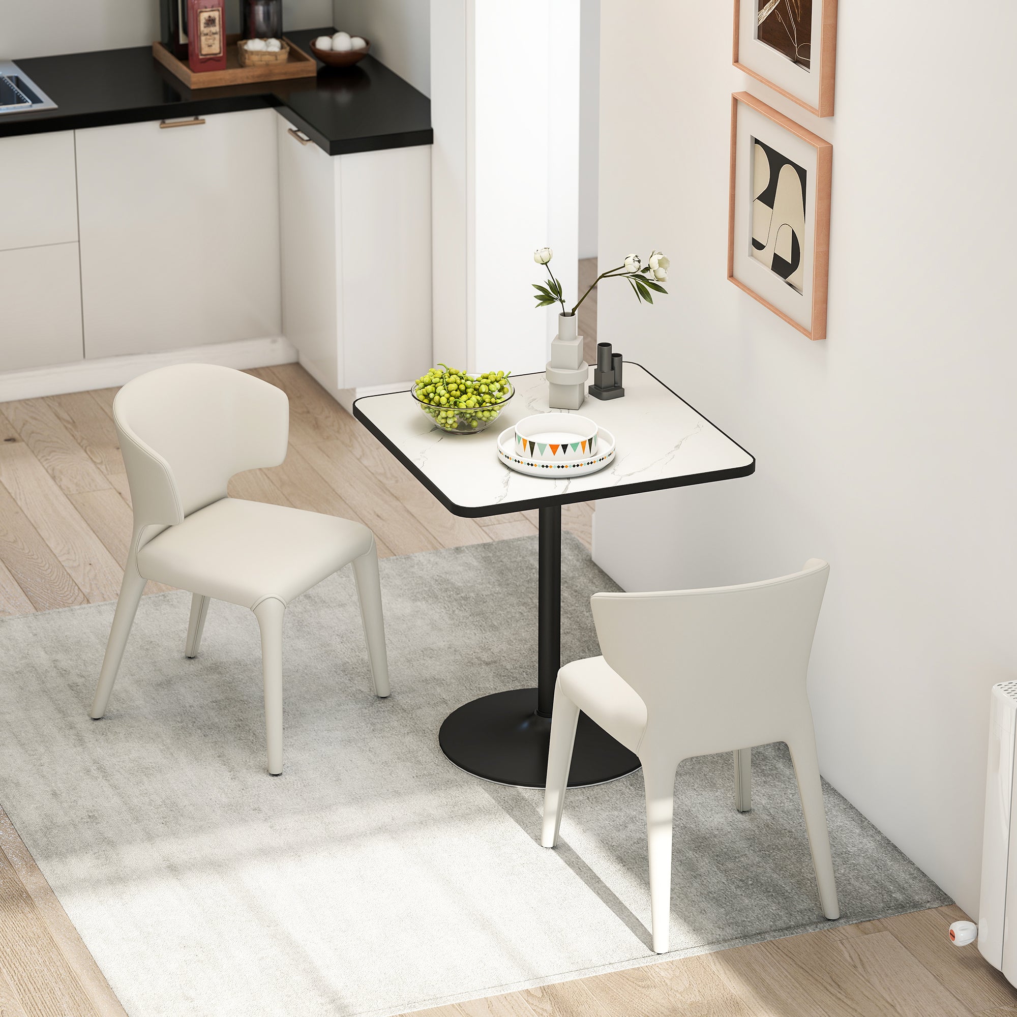 Table à manger pour 4 personnes table de cuisine style moderne avec plateau effet marbre et base ronde, 70 x 70 cm, blanc