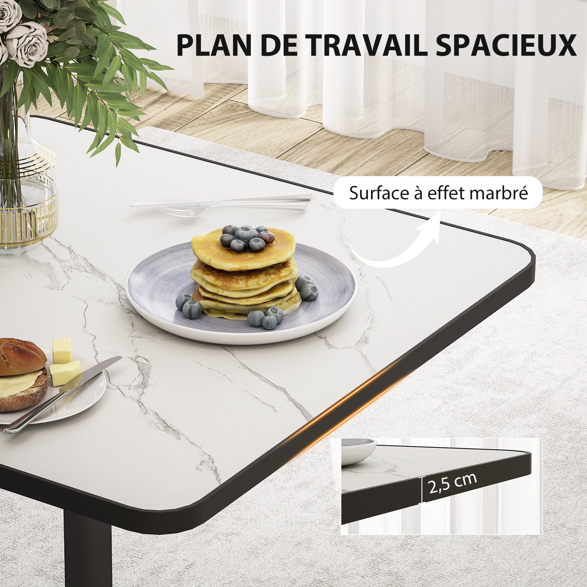 Table à manger pour 4 personnes table de cuisine style moderne avec plateau effet marbre et base ronde, 70 x 70 cm, blanc