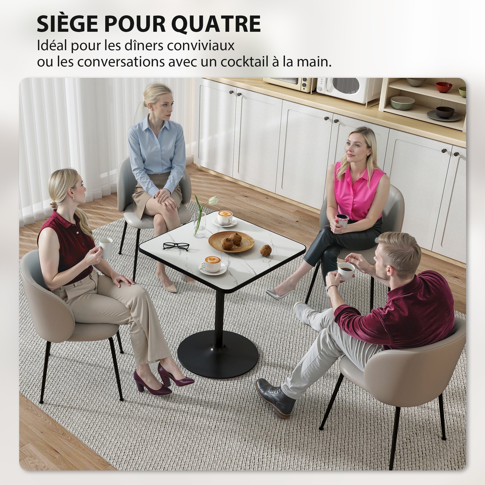 Table à manger pour 4 personnes table de cuisine style moderne avec plateau effet marbre et base ronde, 70 x 70 cm, blanc