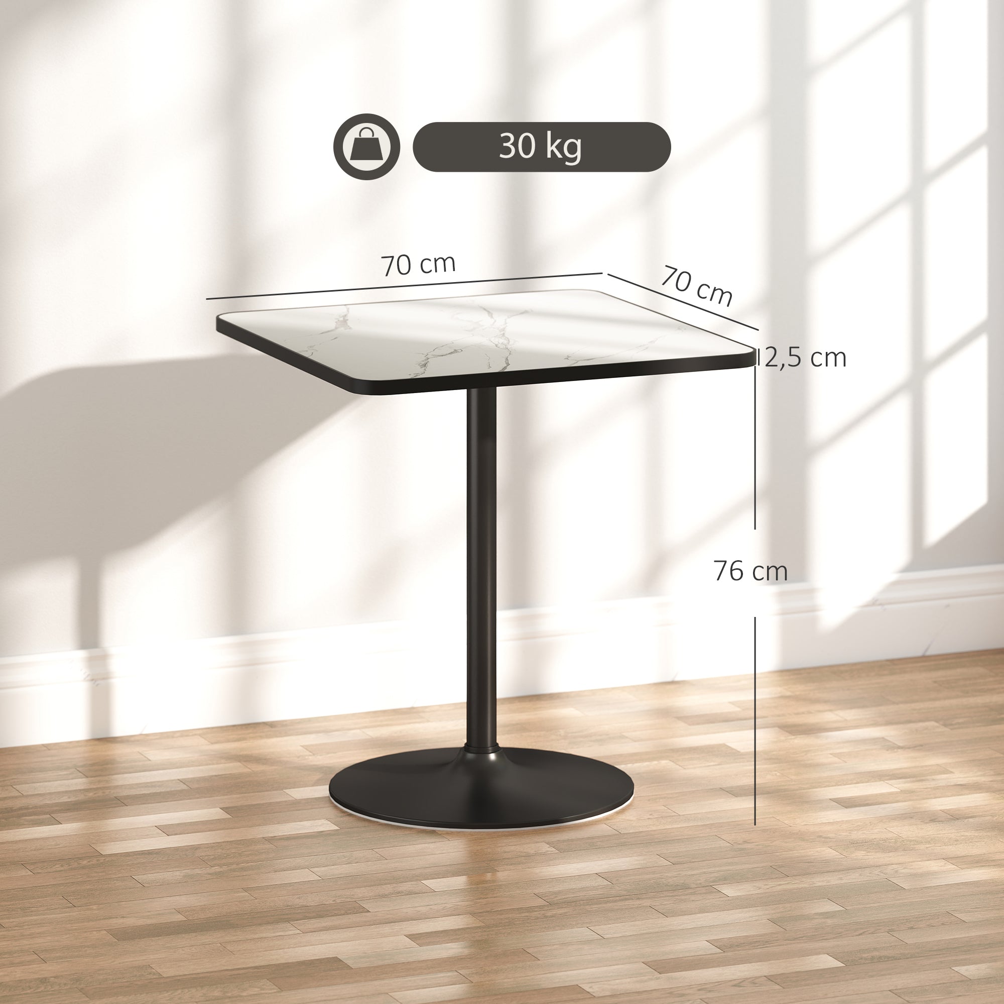 Table à manger pour 4 personnes table de cuisine style moderne avec plateau effet marbre et base ronde, 70 x 70 cm, blanc