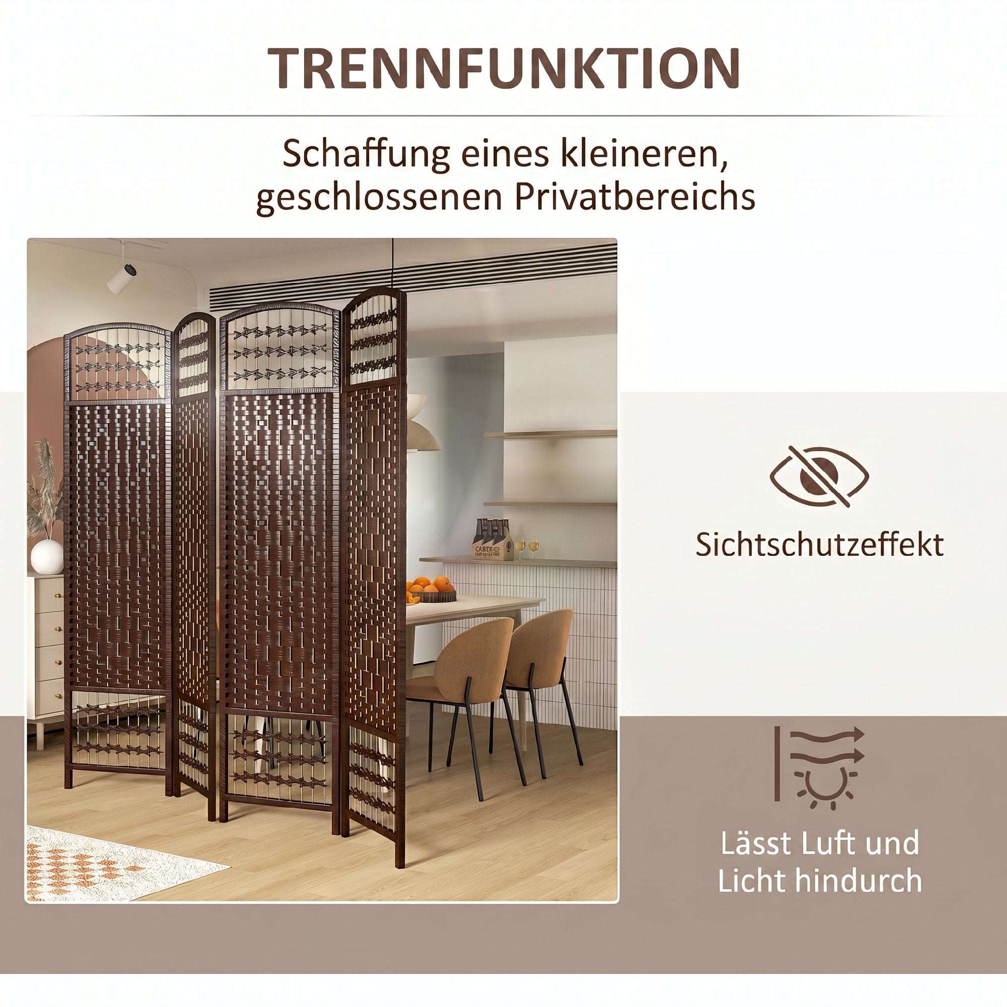 Paravent en bois 160 x 170 cm séparateur de pièce pliable 4 panneaux cloison de séparation chambre à coucher maison intérieur marron