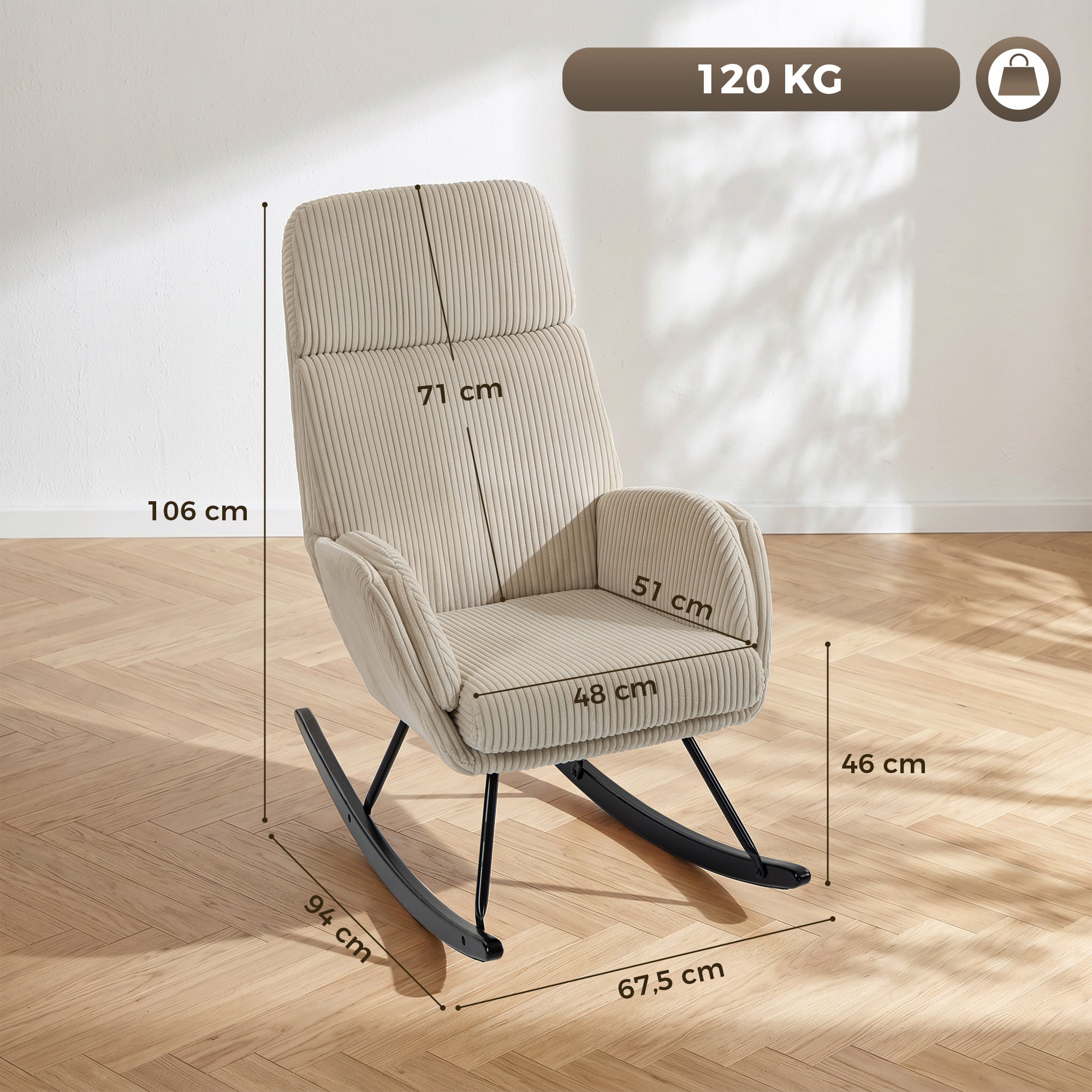 Fauteuil à Bascule, Rocking Chair en Velours Côtelé avec Dossier Haut et Accoudoirs, Assise Rembourrée, Pieds en Bois d'hévéa, Chaise à Bascule Moderne pour Salon, Chambre, Beige