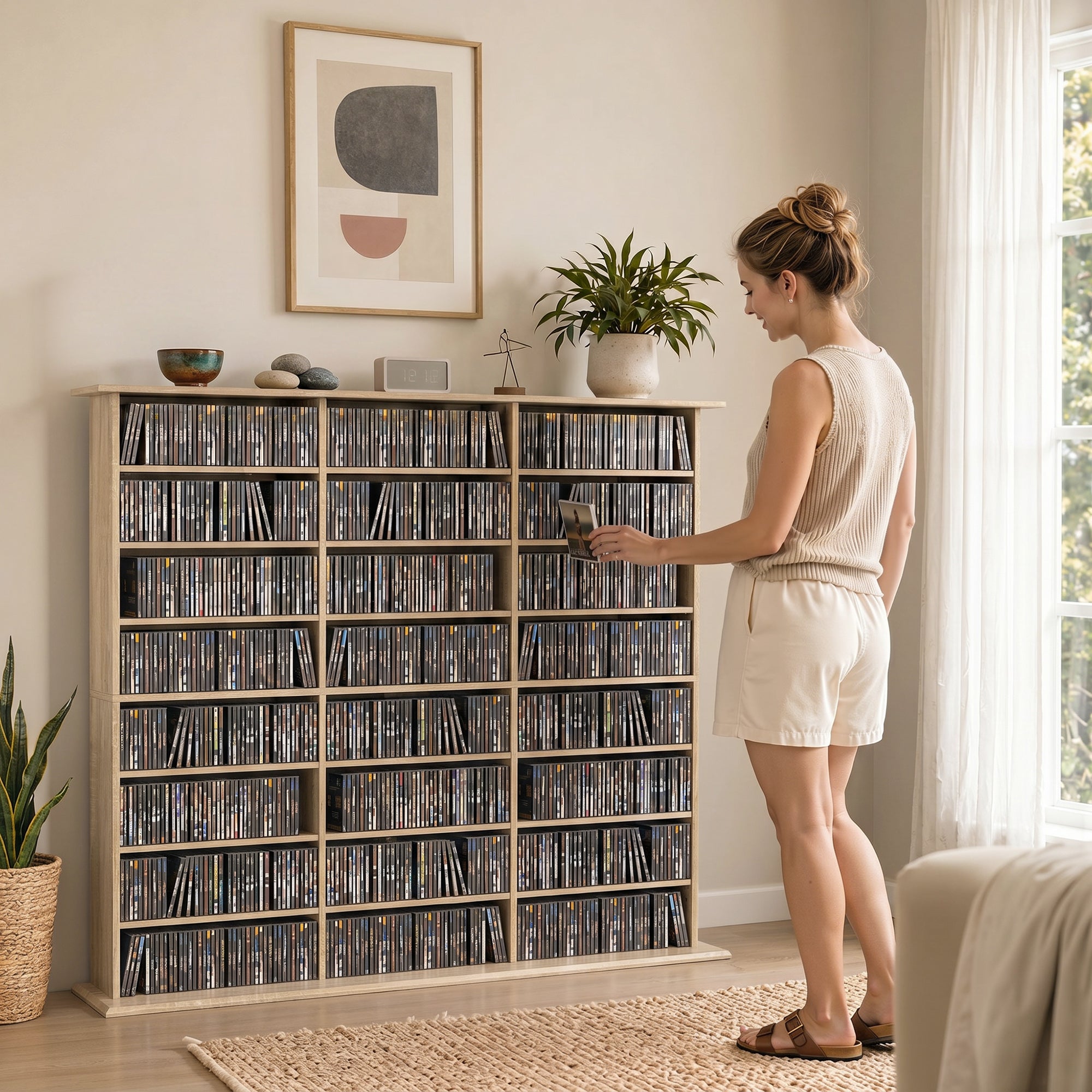 Rangements pour CD et DVD, Meuble de Rangement Multimédia, Capacité Max. 1032 CDs/594 DVDs et Blu-ray, 24 Compartiments et 18 Étagères Réglables, pour Salon, Chambre, 145x24x126,3cm, Chêne