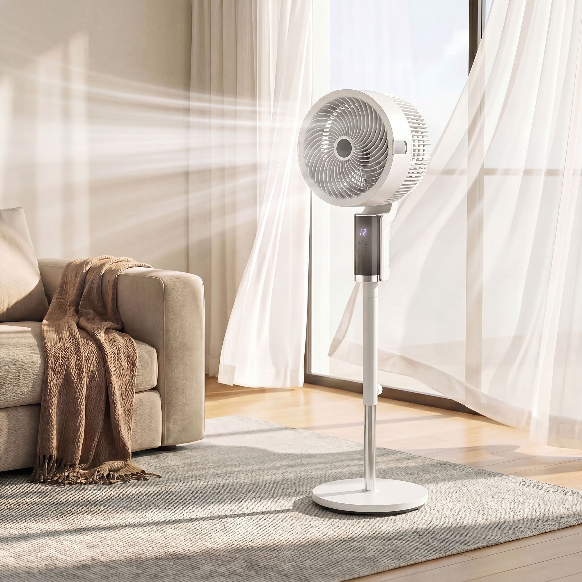 Ventilateur sur pied silencieux 20 dB pour chambre, télécommande, circulateur d'air, oscillation 90°, 8 vitesses, minuterie 12H, lumière LED, hauteur réglable, blanc