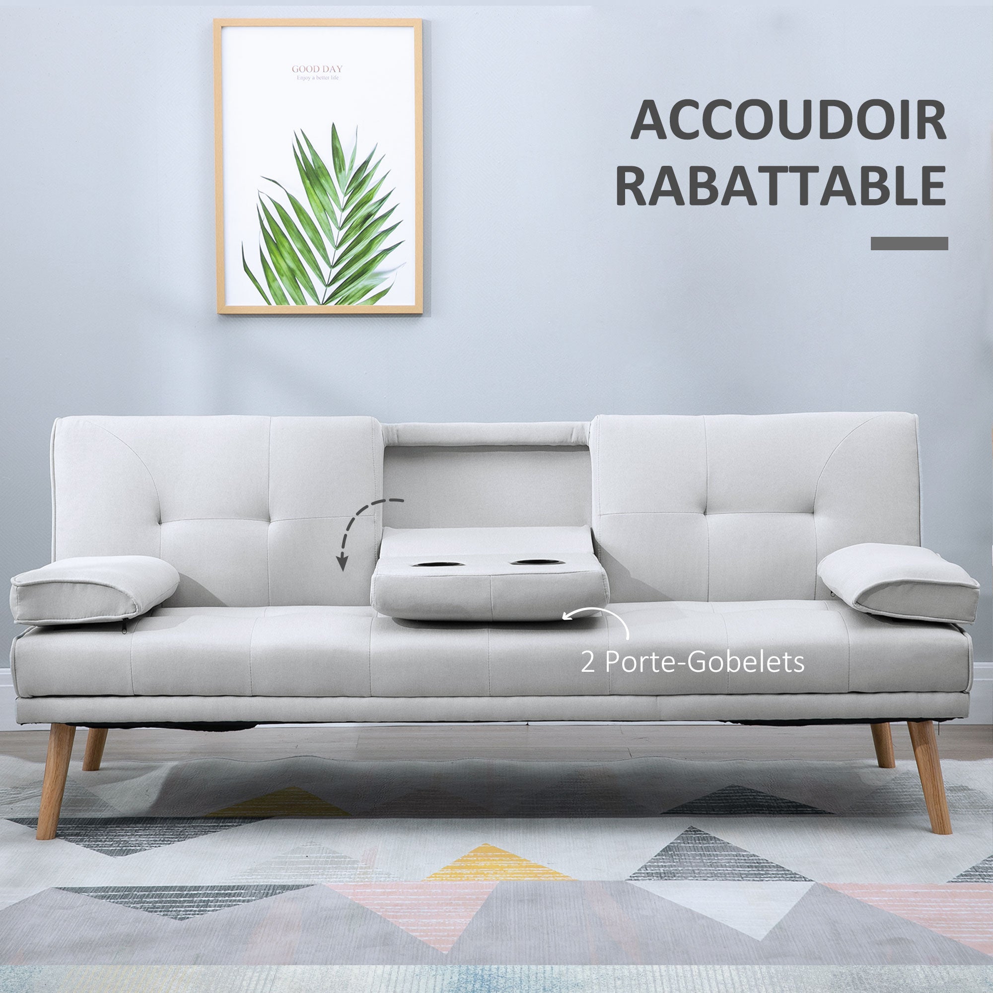Canapé convertible 3 places design scandinave inclinaison dossier réglable 3 niveaux dossier centrale rabattable 2 porte-verres bois massif lin gris clair