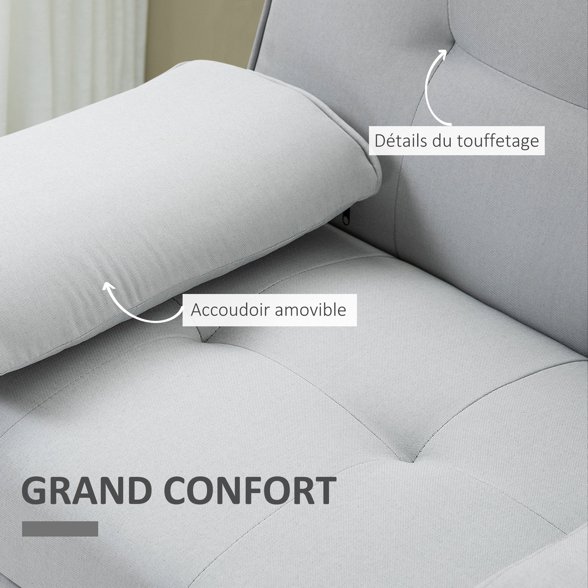 Canapé convertible 3 places design scandinave inclinaison dossier réglable 3 niveaux dossier centrale rabattable 2 porte-verres bois massif lin gris clair