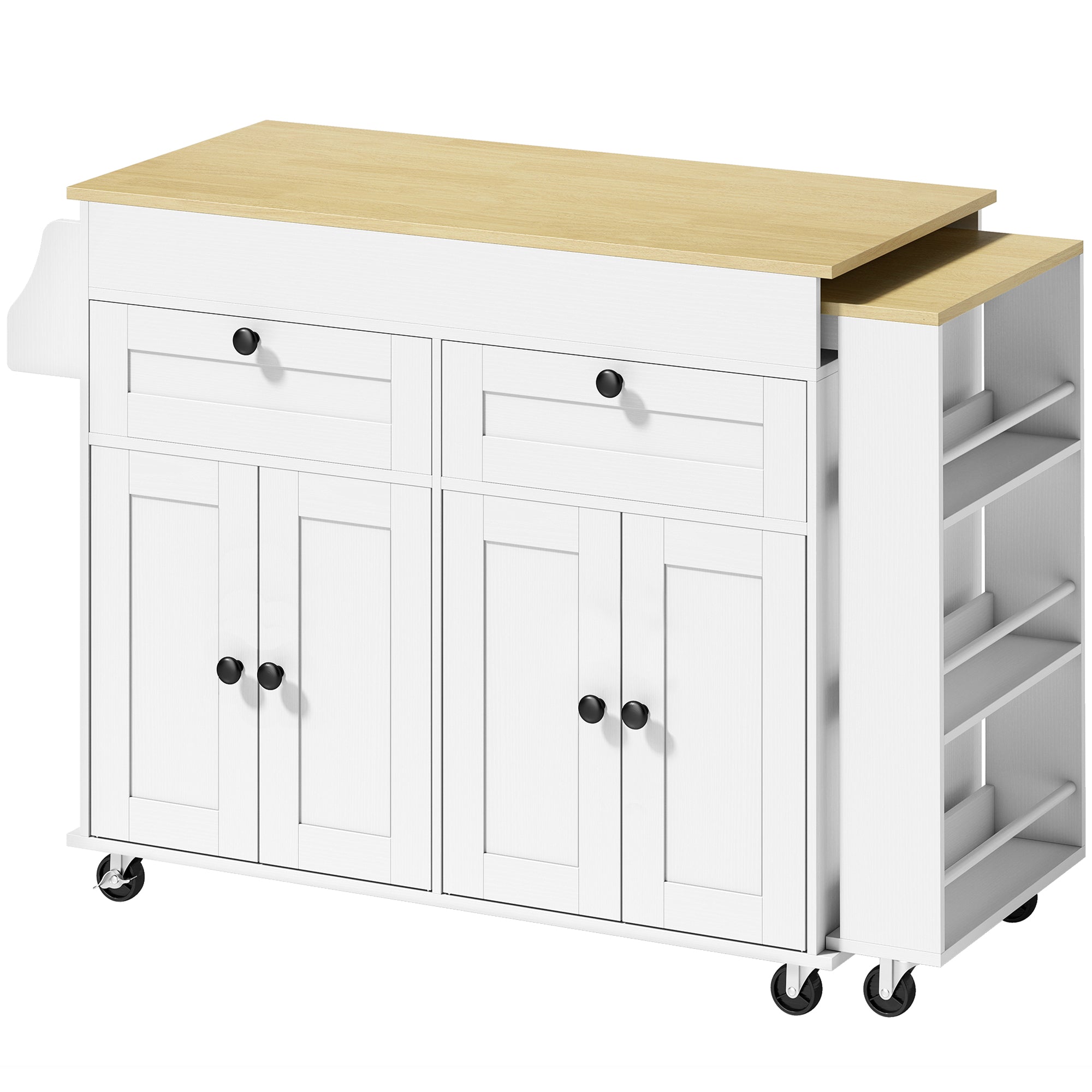 Îlot Central Cuisine avec Plateau Extensible, Desserte de Cuisine sur Roulettes avec 2 Tiroirs, 4 Portes, Porte-Serviettes et Porte-Épices, Style Rustique,127,2-189,2 x 50 x 87,8 cm, Blanc