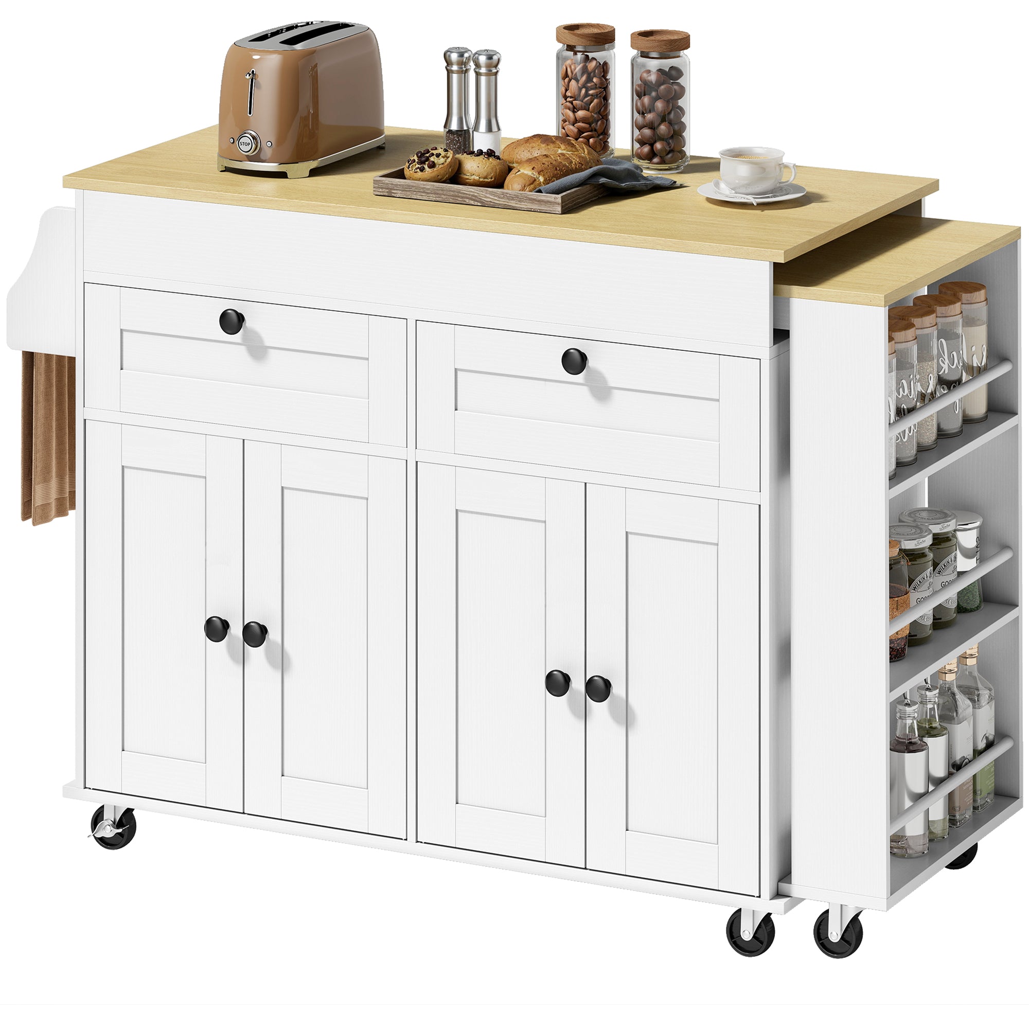 Îlot Central Cuisine avec Plateau Extensible, Desserte de Cuisine sur Roulettes avec 2 Tiroirs, 4 Portes, Porte-Serviettes et Porte-Épices, Style Rustique,127,2-189,2 x 50 x 87,8 cm, Blanc