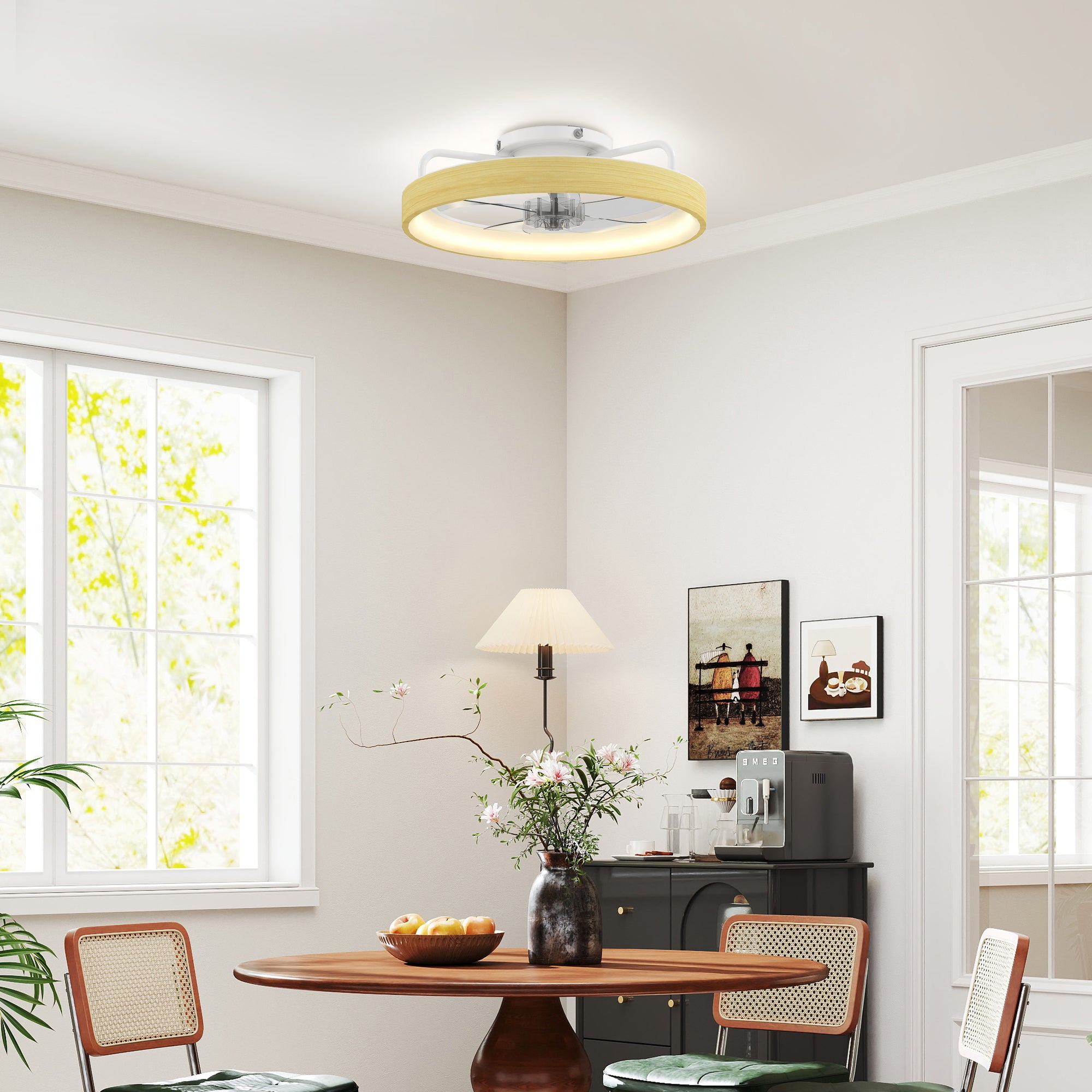 Ventilateur de plafond avec lumière LED plafonnier ventilateur Ø49 cm 7 pales moteur DC silencieux 6 vitesses 3 températures de couleur luminosité réglable télécommande minuterie mode été-hiver
