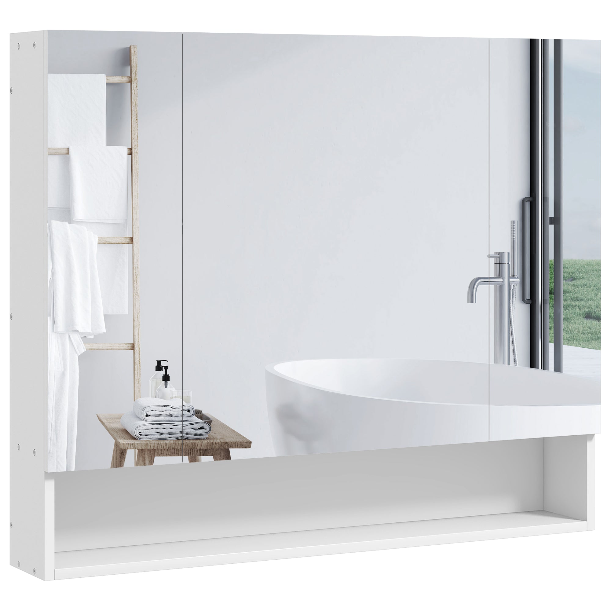 Armoire murale salle de bain avec miroir, 90 x 15 x 75 cm, meuble salle de bain, armoire de toilette avec 3 portes miroir, compartiment ouvert et étagères réglables, blanc