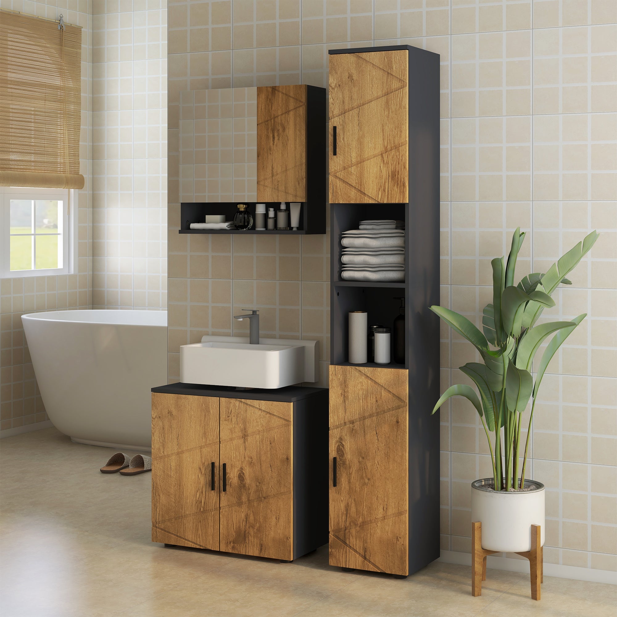 Armoire murale miroir de salle de bain placard de rangement 2 portes avec étagères réglables design contemporain 55 x 17 x 55 cm naturel gris foncé