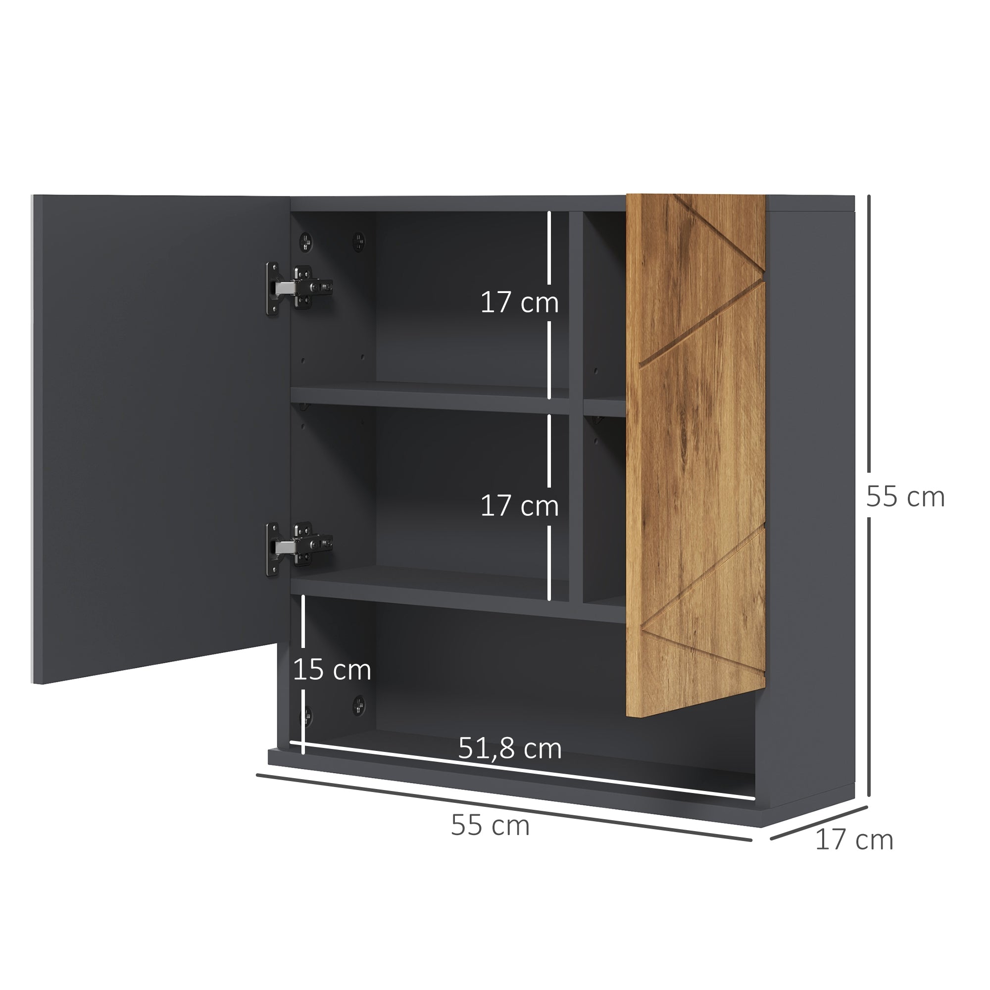 Armoire murale miroir de salle de bain placard de rangement 2 portes avec étagères réglables design contemporain 55 x 17 x 55 cm naturel gris foncé