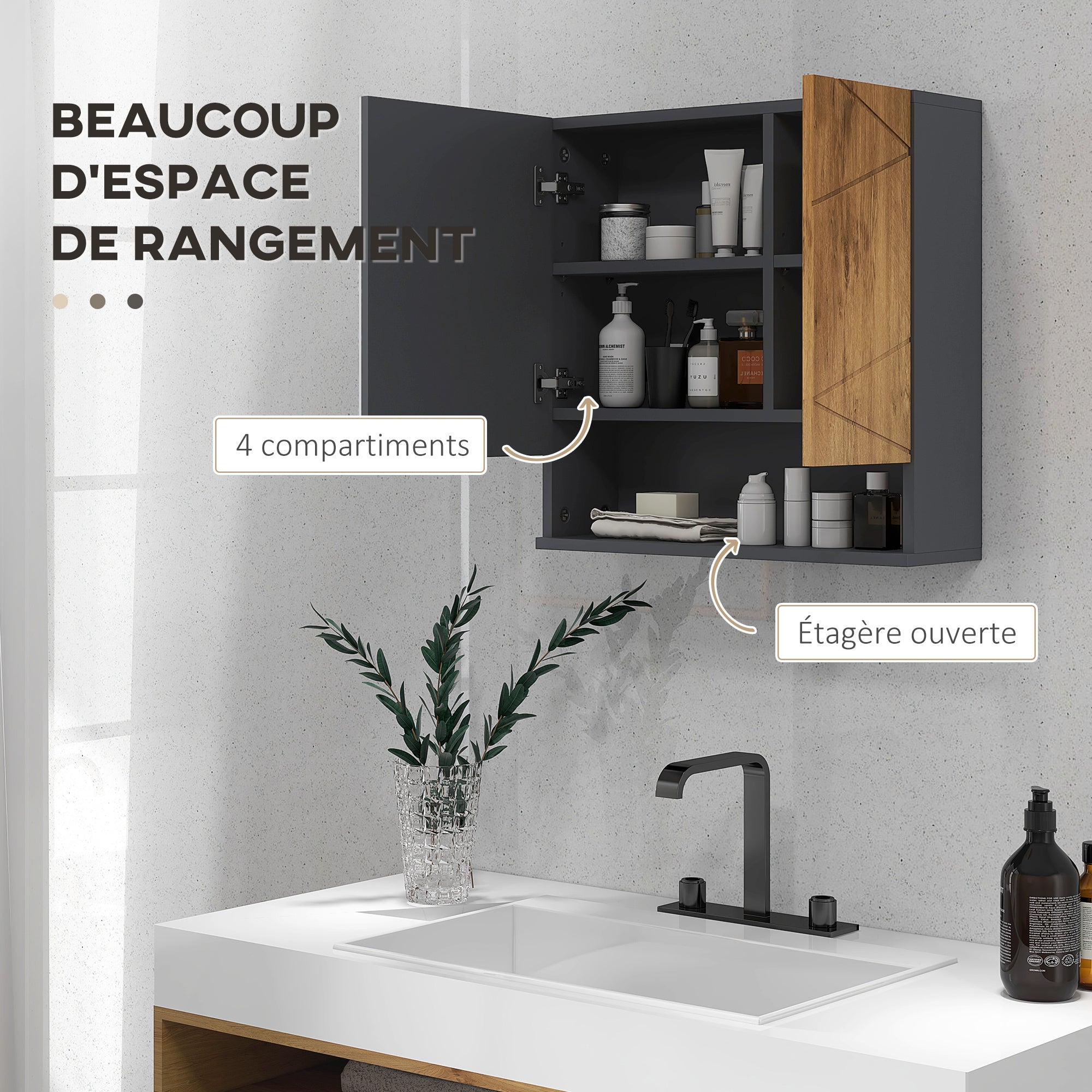 Armoire murale miroir de salle de bain placard de rangement 2 portes avec étagères réglables design contemporain 55 x 17 x 55 cm naturel gris foncé