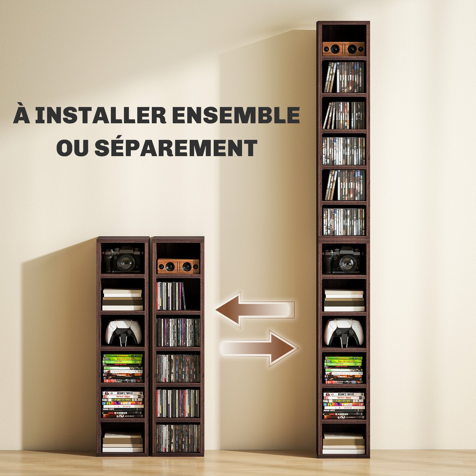 Lot de 2 étagères colonnes armoire de rangement CD-DVD 6 + 6 compartiments 21 x 19,2 x 88,3 cm capacité max. 160 CD effet bois marron