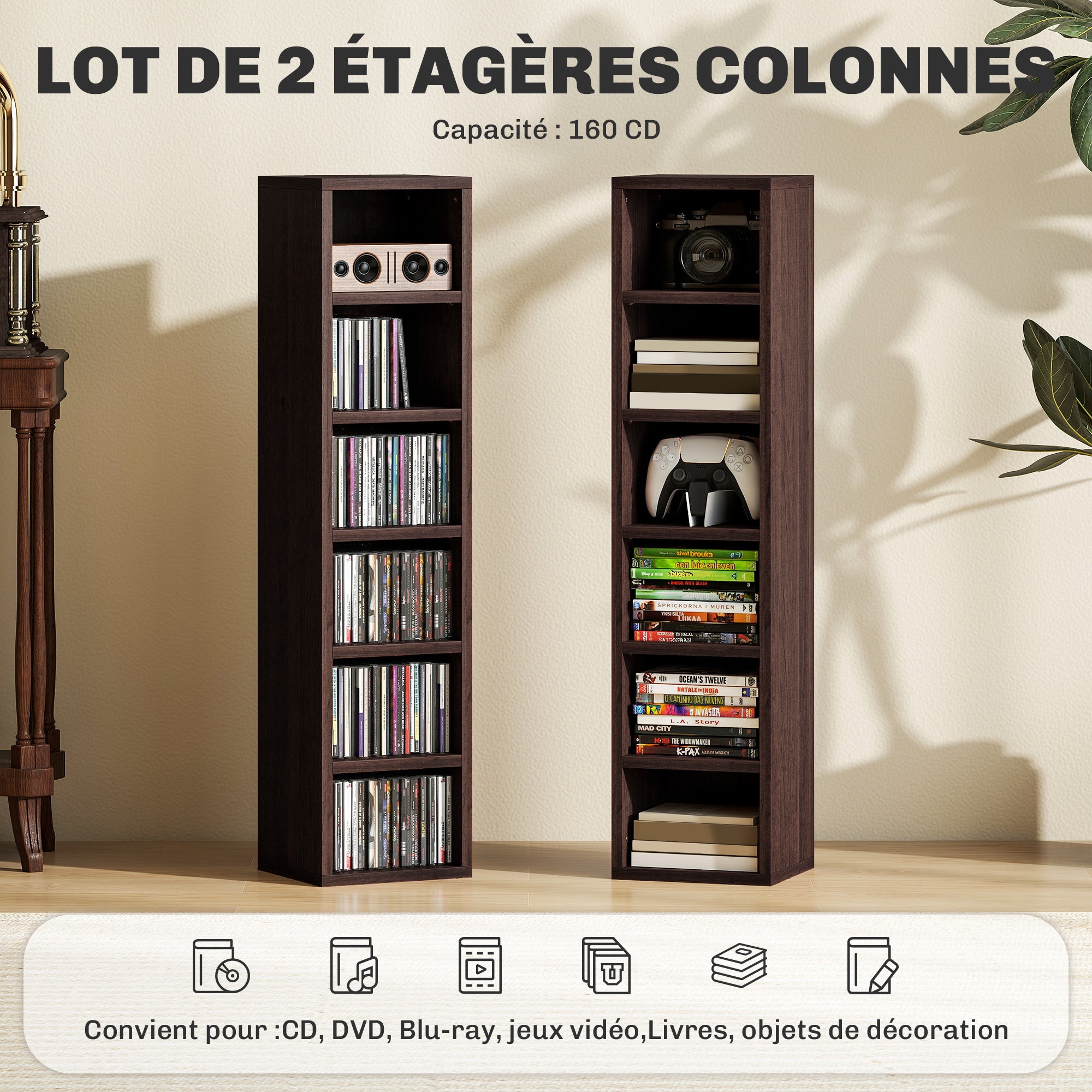Lot de 2 étagères colonnes armoire de rangement CD-DVD 6 + 6 compartiments 21 x 19,2 x 88,3 cm capacité max. 160 CD effet bois marron