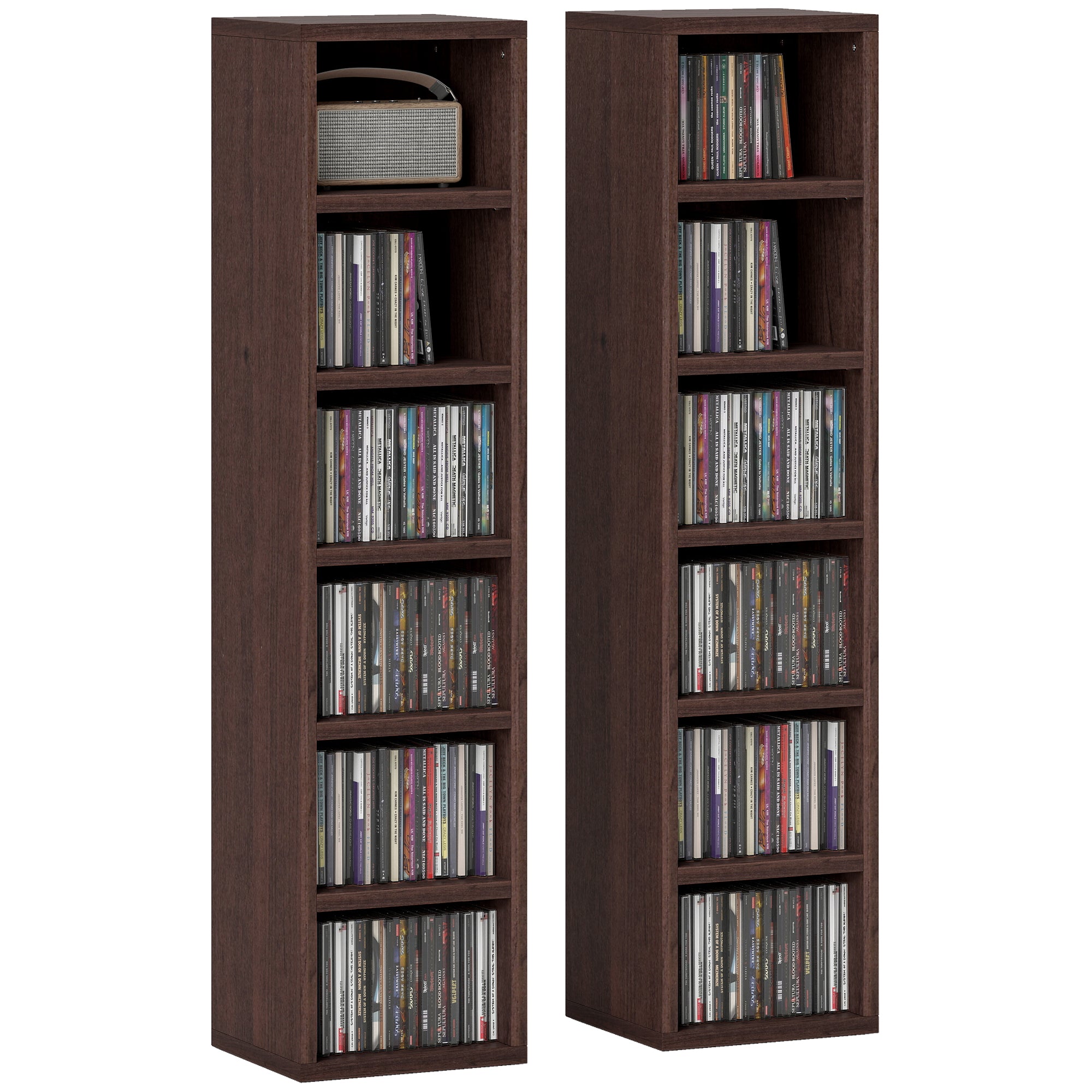 Lot de 2 étagères colonnes armoire de rangement CD-DVD 6 + 6 compartiments 21 x 19,2 x 88,3 cm capacité max. 160 CD effet bois marron