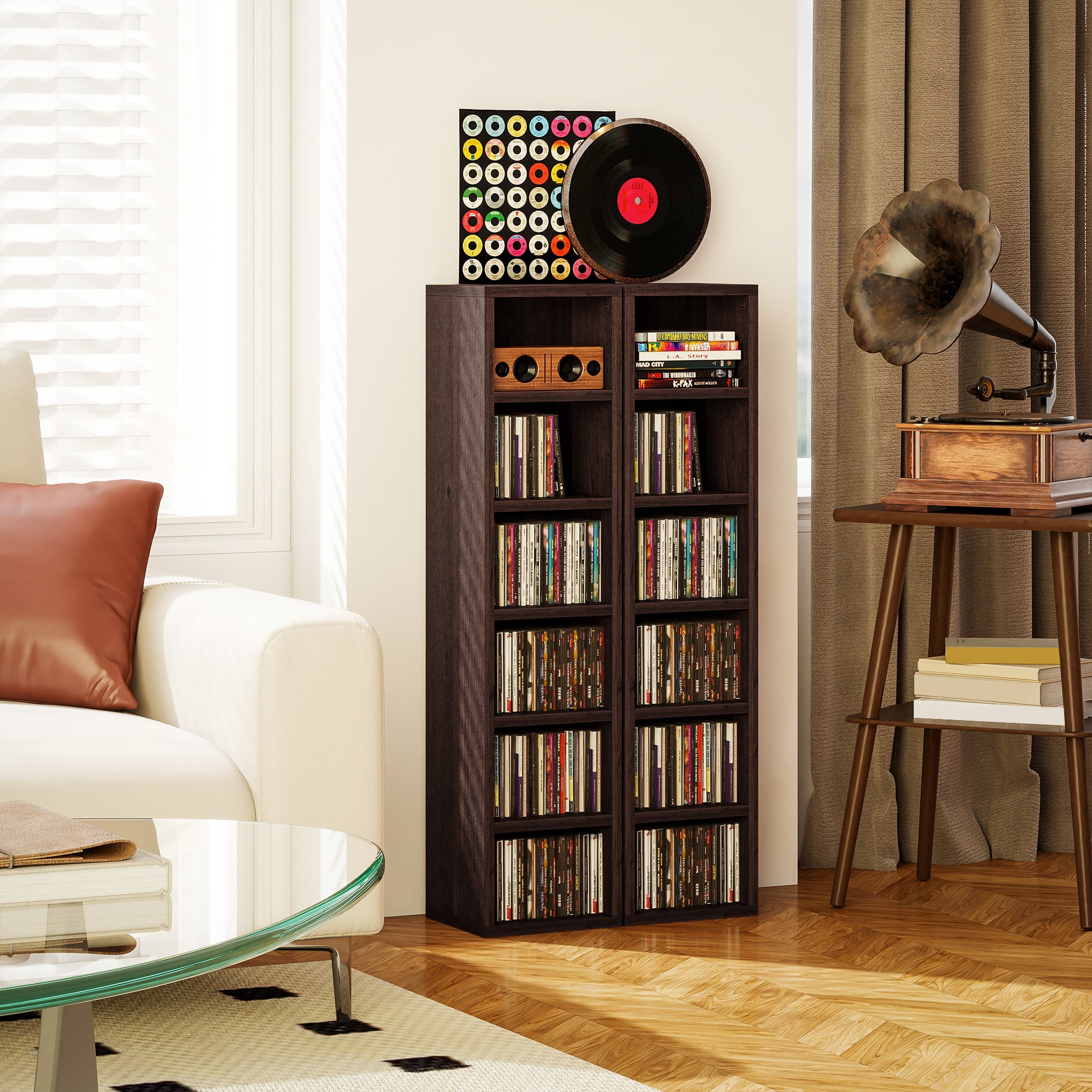 Lot de 2 étagères colonnes armoire de rangement CD-DVD 6 + 6 compartiments 21 x 19,2 x 88,3 cm capacité max. 160 CD effet bois marron