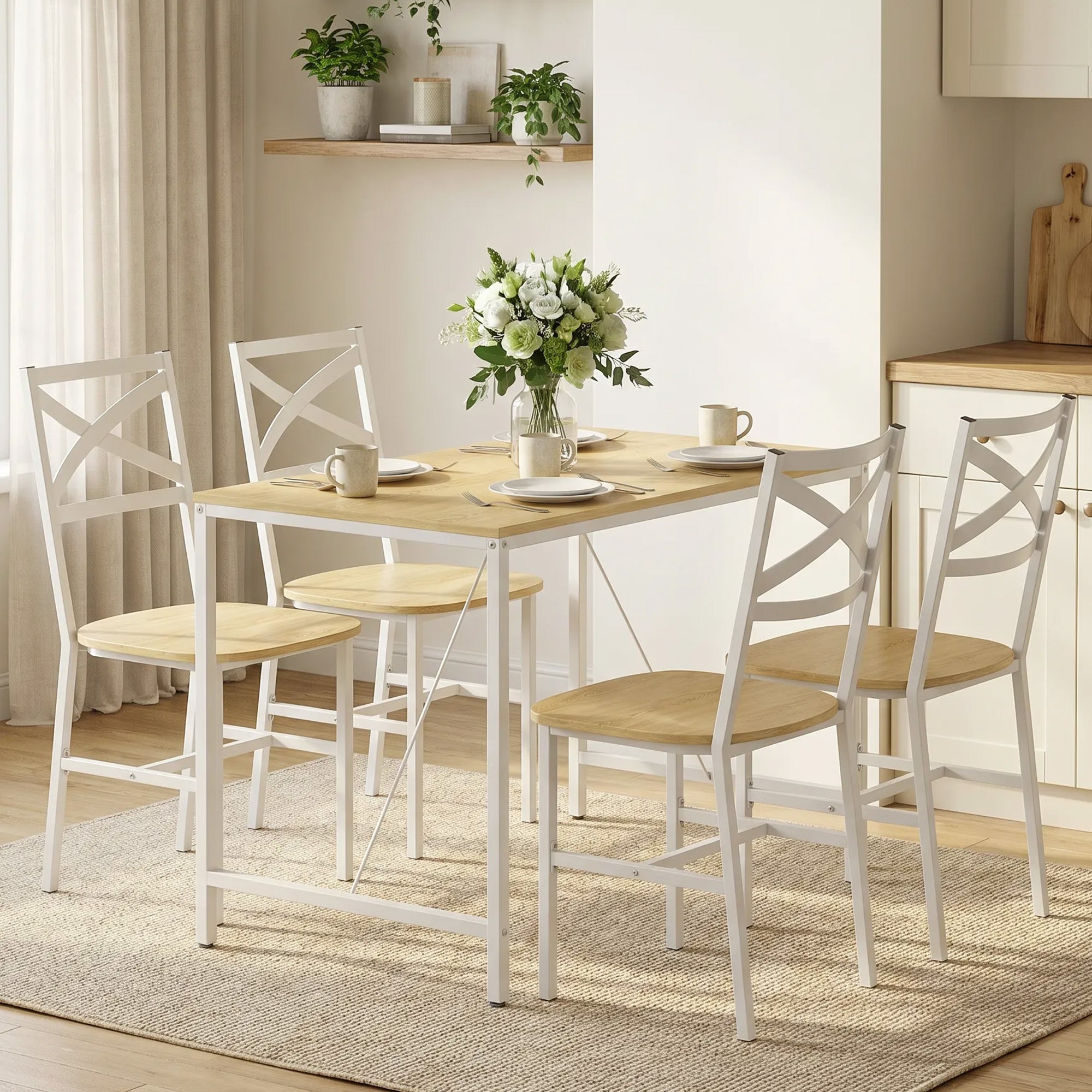 Ensemble Table Salle à Manger avec 4 Chaises, Table de Cuisine avec Chaises pour 4 Personnes, Plateau 108x60cm, Style Nordique, Cadre en Acier, pour Salon, Petit Espace, Bois Naturel et Blanc