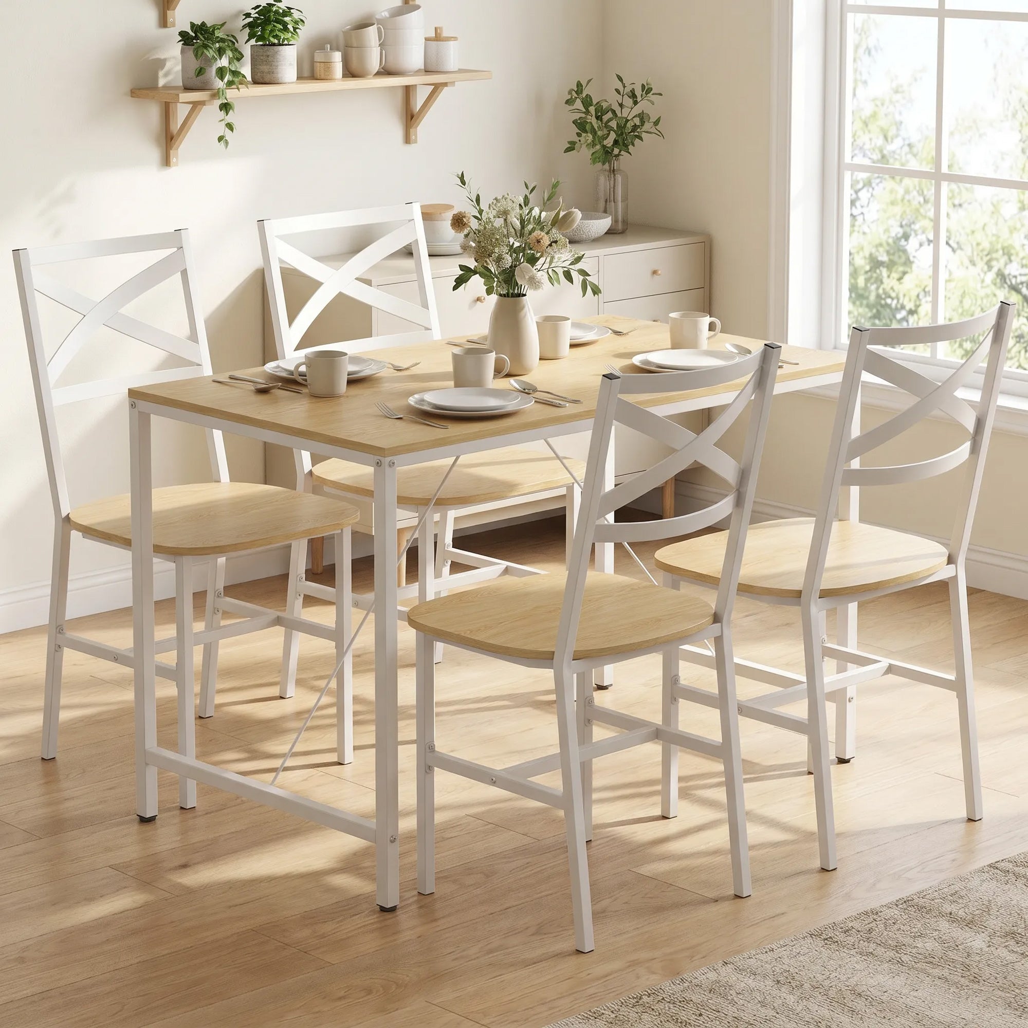 Ensemble Table Salle à Manger avec 4 Chaises, Table de Cuisine avec Chaises pour 4 Personnes, Plateau 108x60cm, Style Nordique, Cadre en Acier, pour Salon, Petit Espace, Bois Naturel et Blanc