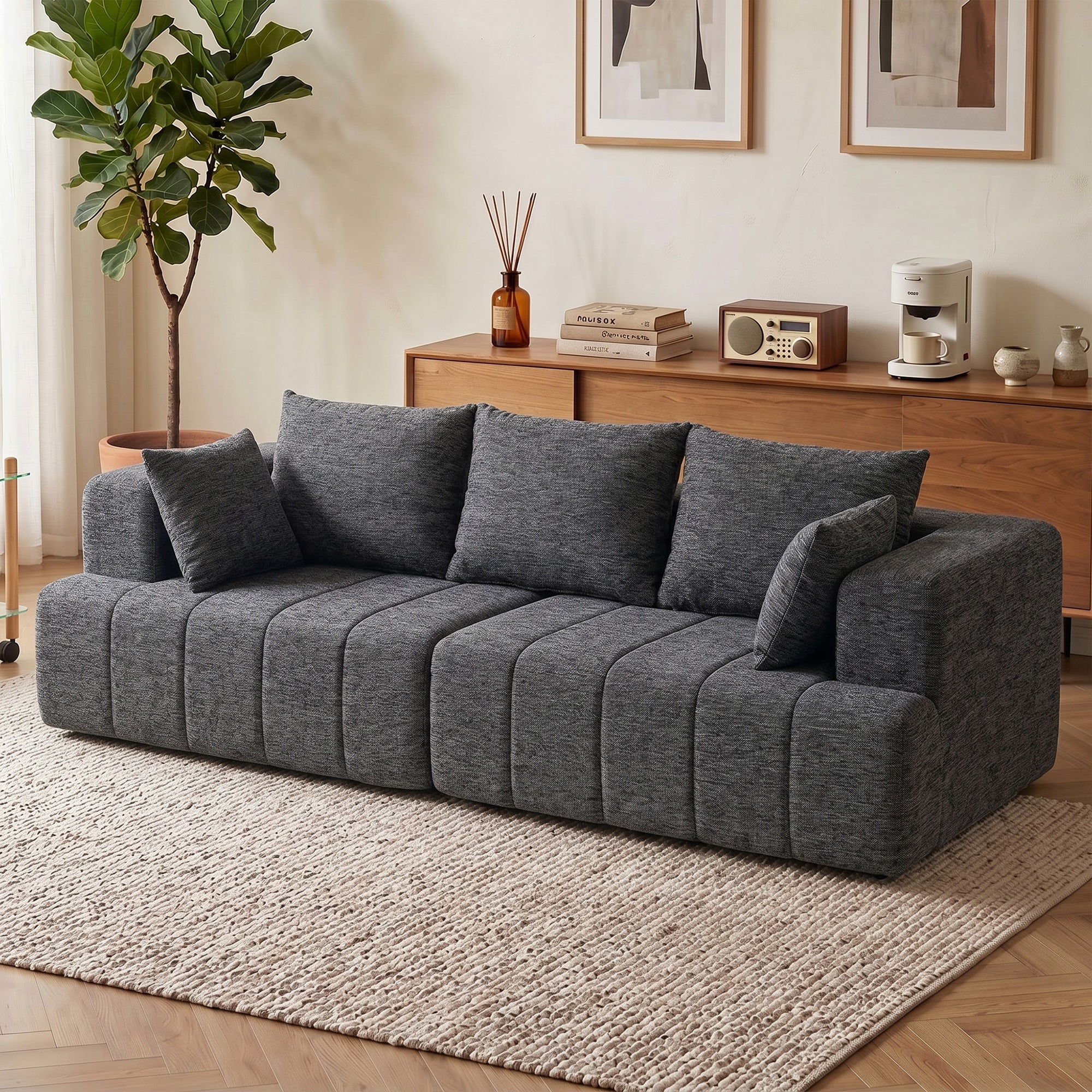 Canapé 3 places en chenille 248 cm, canapé salon moderne, large assise rembourrée, coussins à ressorts, larges accoudoirs, 2 coussins, base antidérapante, pour salon, chambre, gris