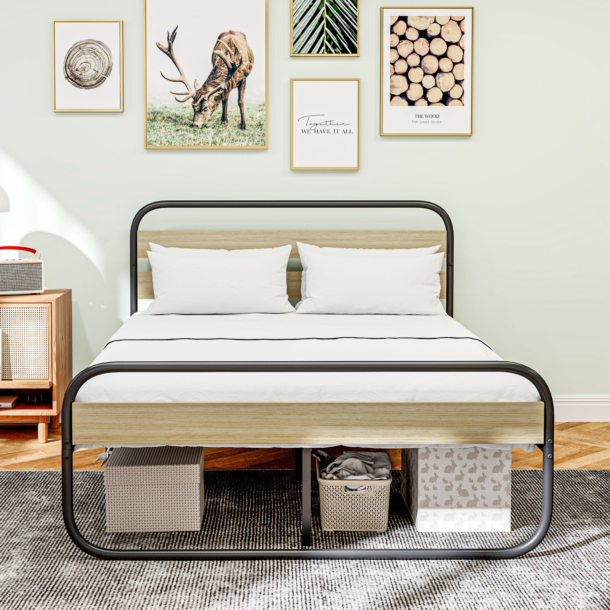 Cadre de lit double 140 x 190 cm lit 2 personnes style industriel avec rangement, sommier, tête et pied - montage facile, en bois et acier, aspect bois