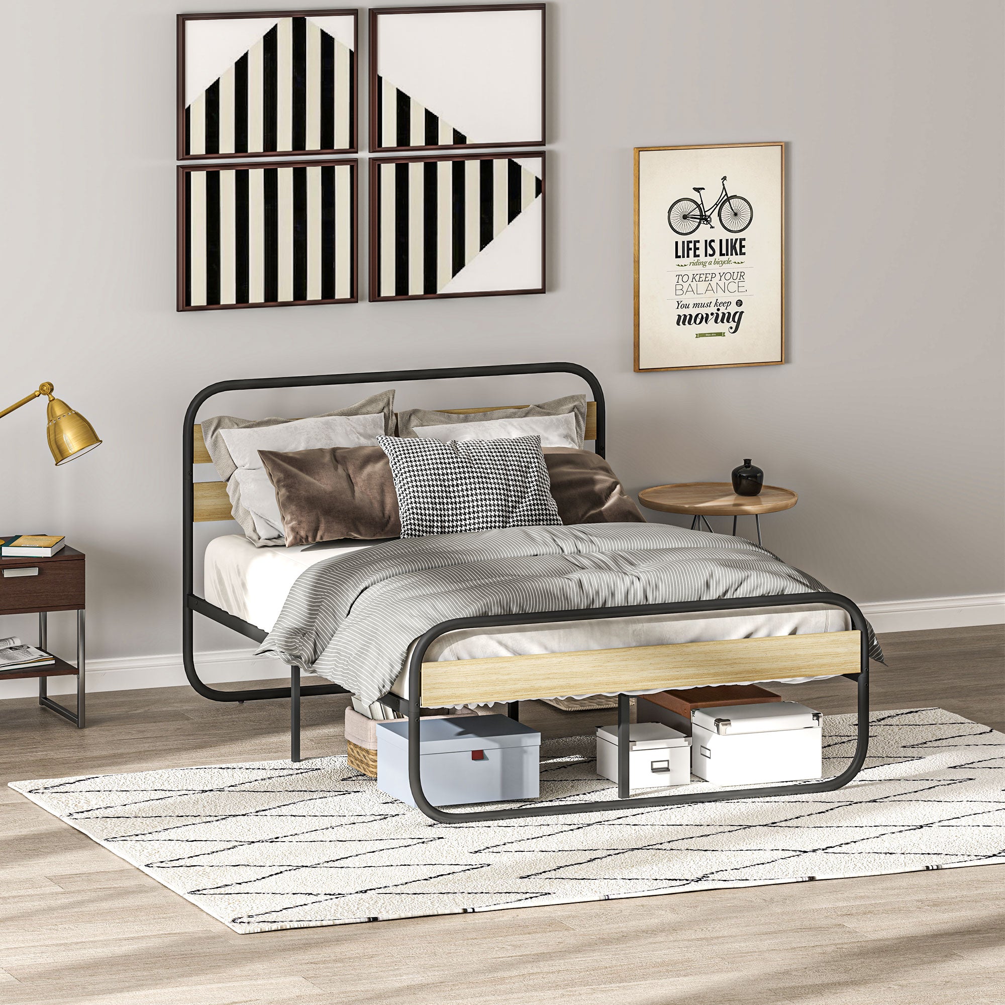 Cadre de lit double 140 x 190 cm lit 2 personnes style industriel avec rangement, sommier, tête et pied - montage facile, en bois et acier, aspect bois
