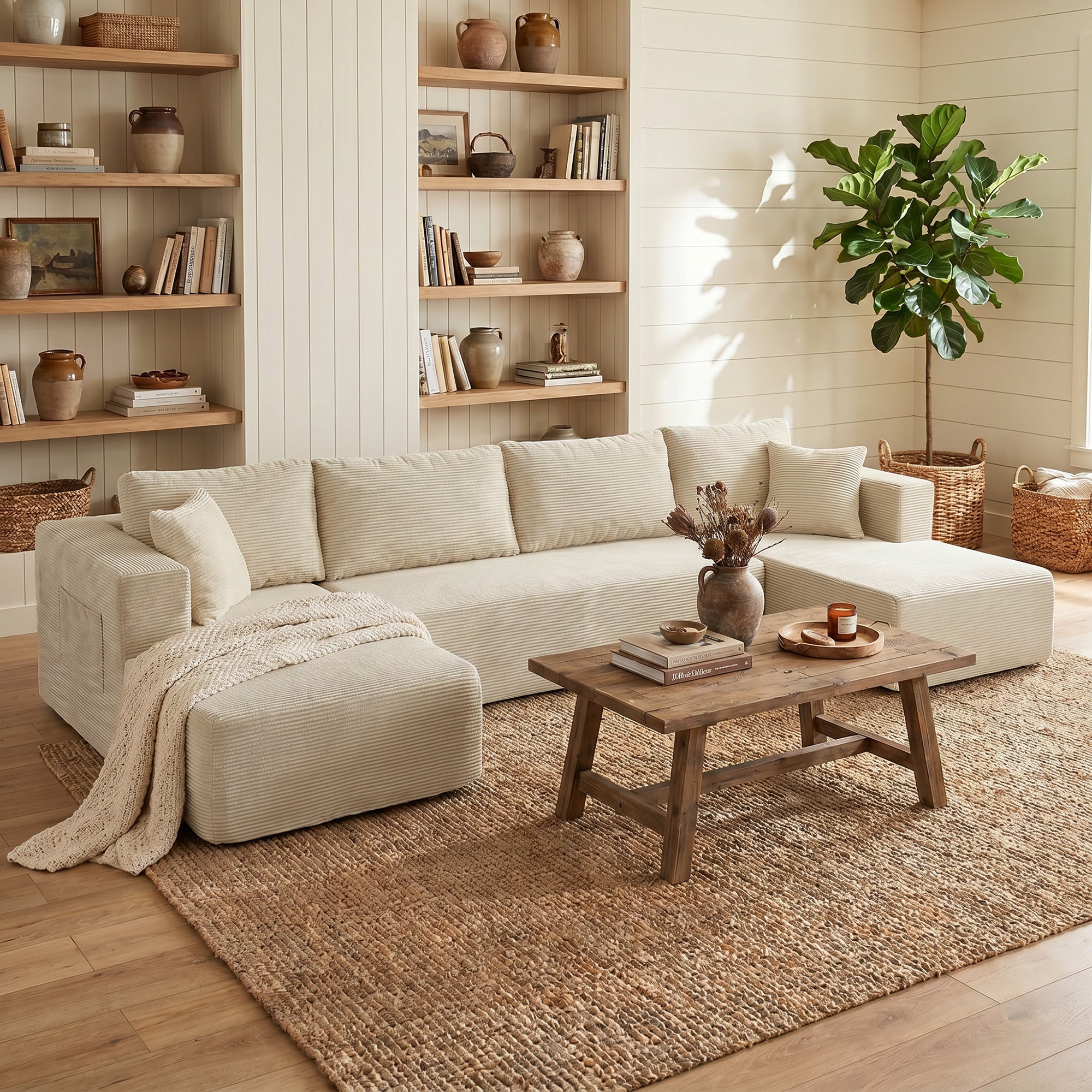 Canapé Modulaire en U Compressé 337 cm, Canapé 4 places Convertible en Velours Côtelé, 2 Méridiennes, 6 Coussins, Assise Large et Poches Latérales, pour Salon, Aucun Assemblage Requis, Crème