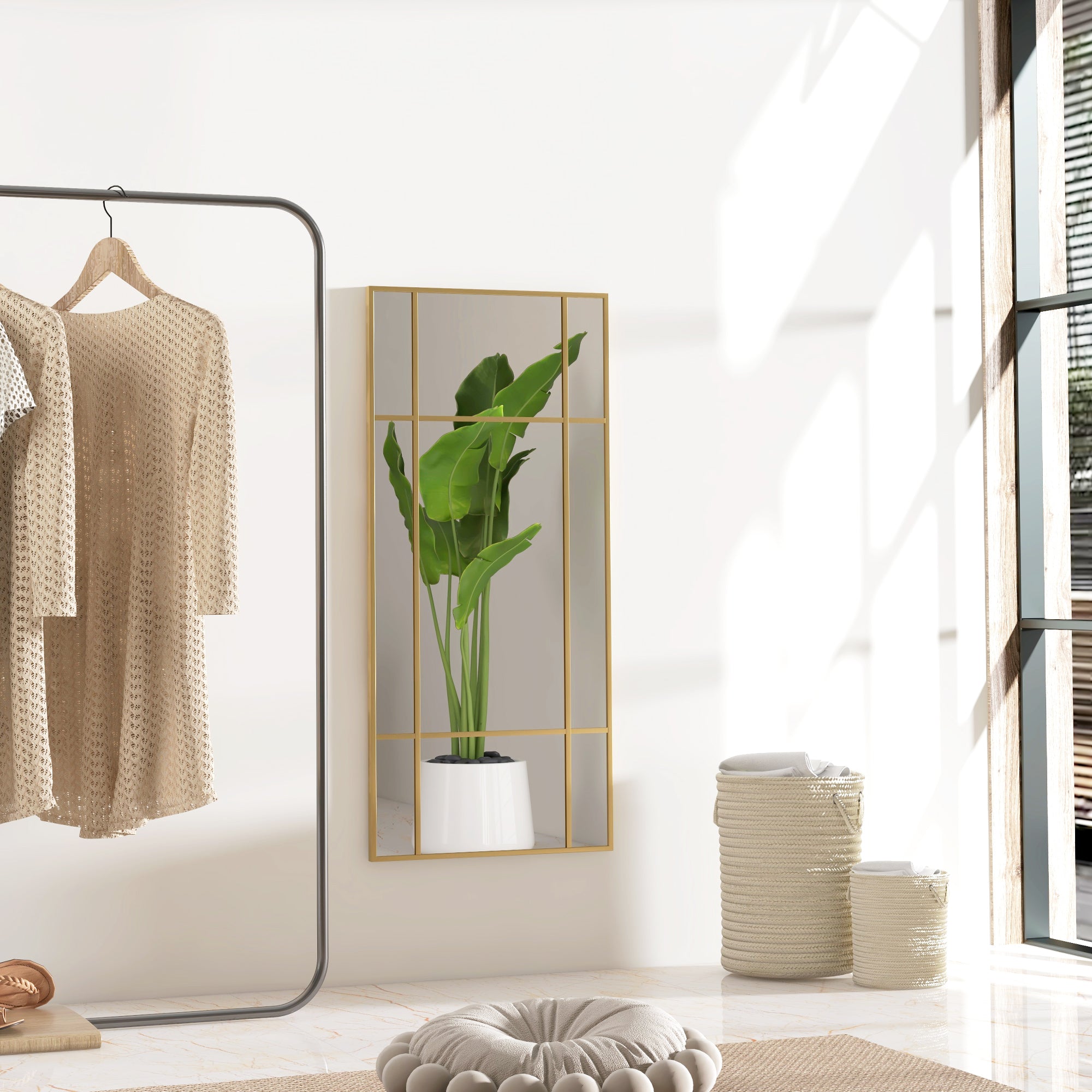 Miroir mural verrière rectangulaire style fenêtre, horizontal ou vertical avec 4 crochets, en métal doré - 110x50 cm