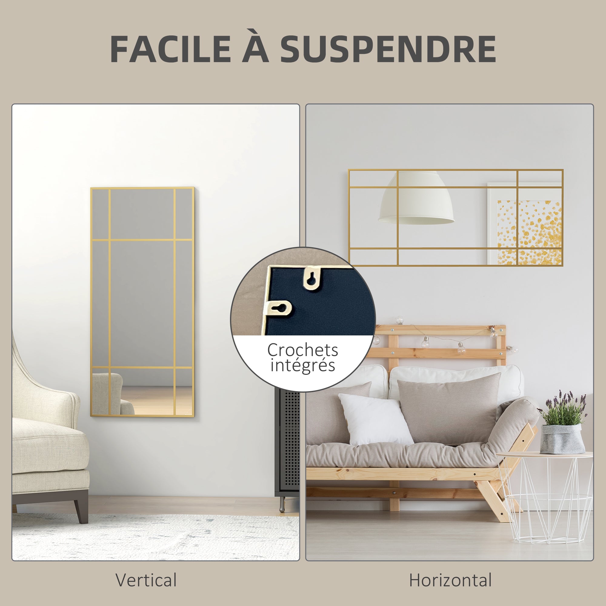 Miroir mural verrière rectangulaire style fenêtre, horizontal ou vertical avec 4 crochets, en métal doré - 110x50 cm