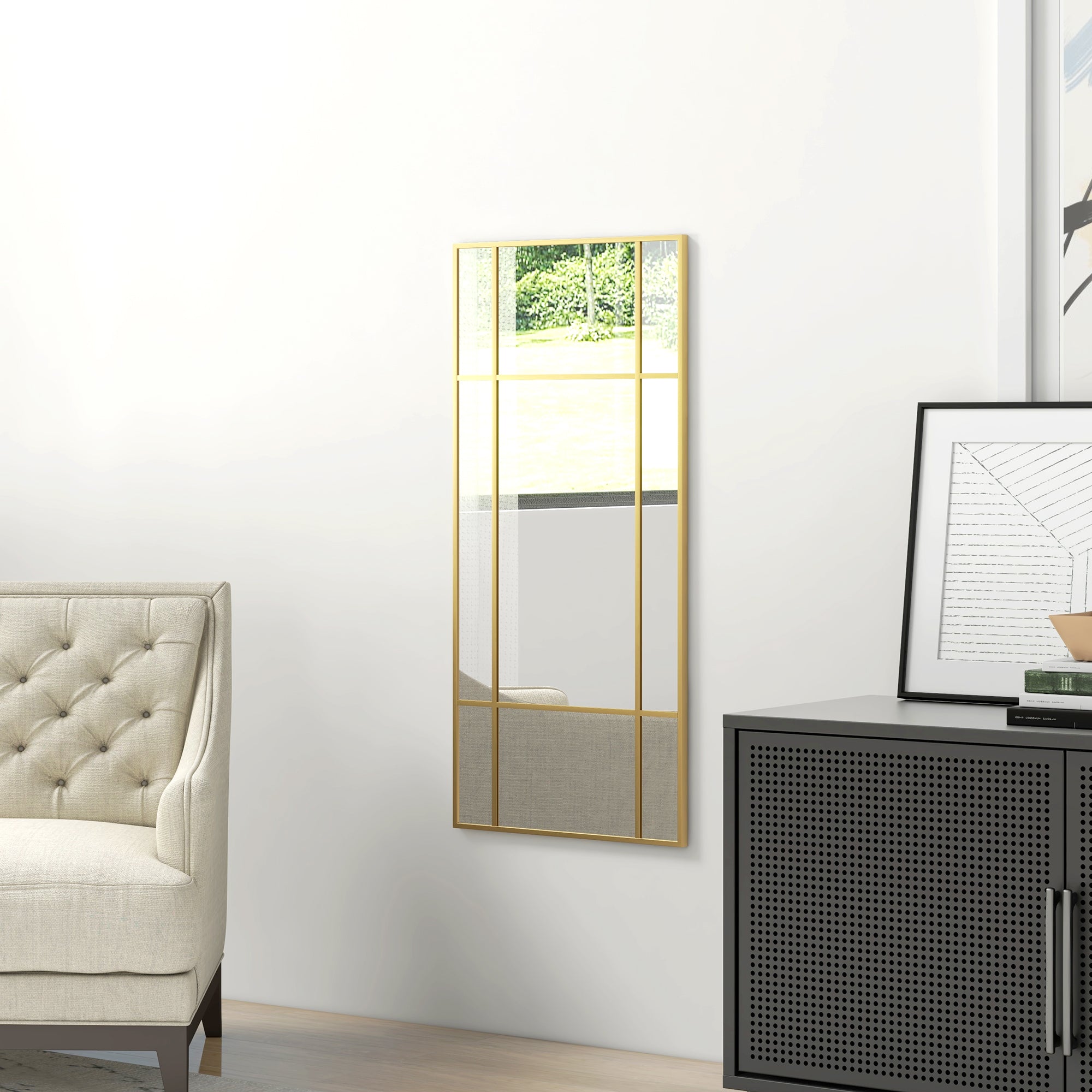 Miroir mural verrière rectangulaire style fenêtre, horizontal ou vertical avec 4 crochets, en métal doré - 110x50 cm
