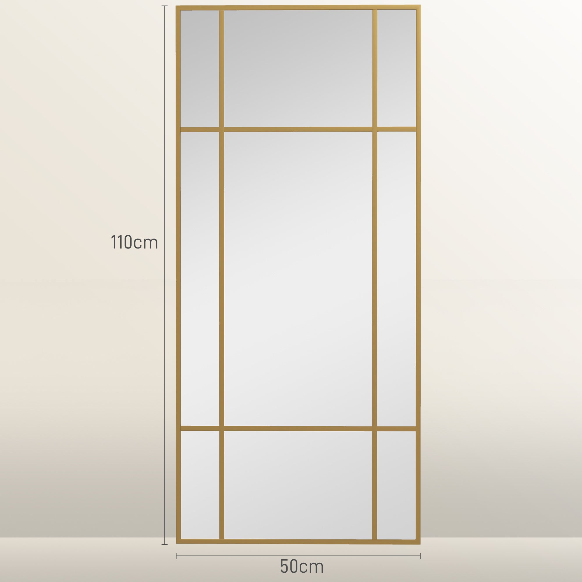 Miroir mural verrière rectangulaire style fenêtre, horizontal ou vertical avec 4 crochets, en métal doré - 110x50 cm