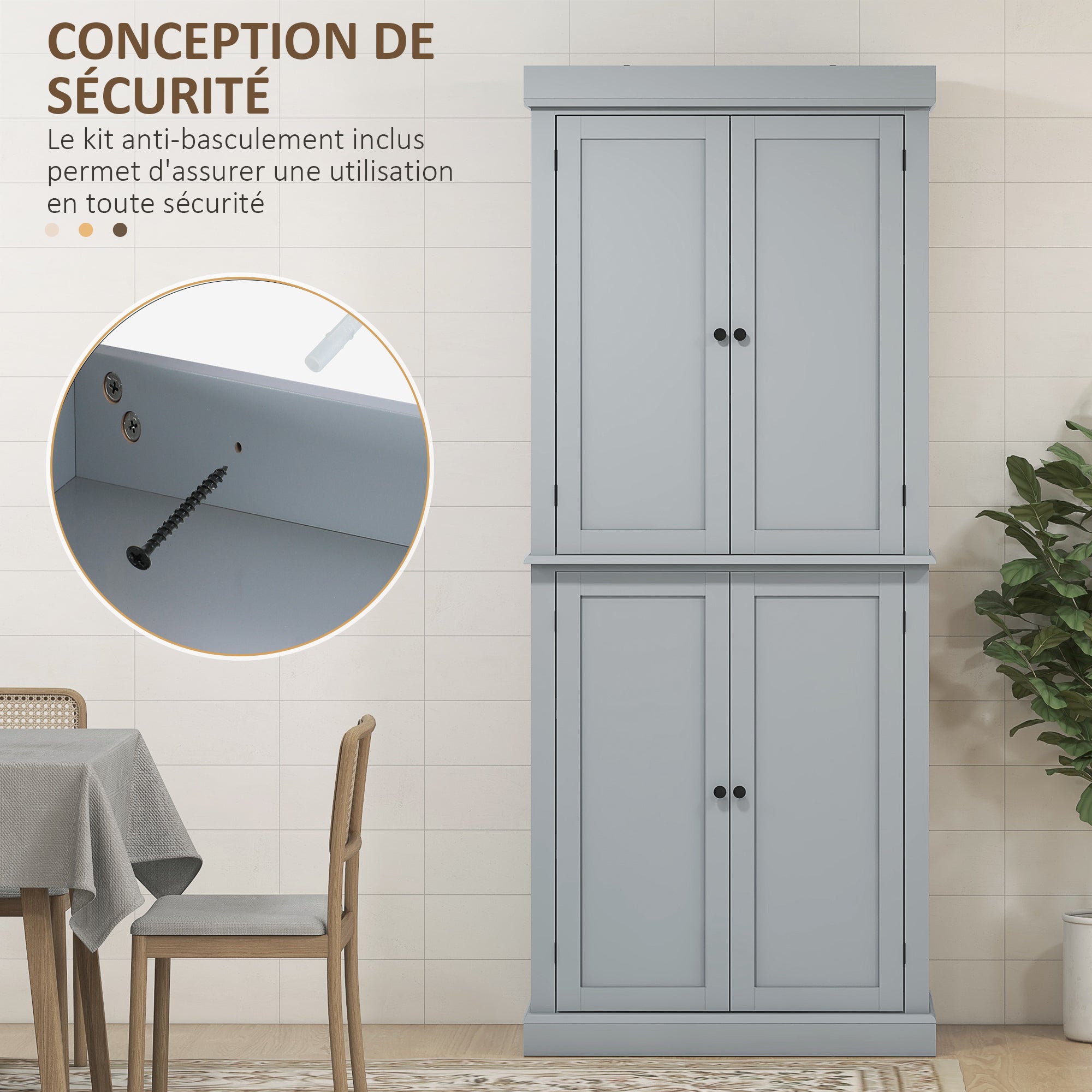 Armoire de cuisine buffet cuisine vaisselier meuble de rangement style moderne avec placards, étagères réglables, pour salle à manger, salon, 76 x 40,5 x 184 cm, gris