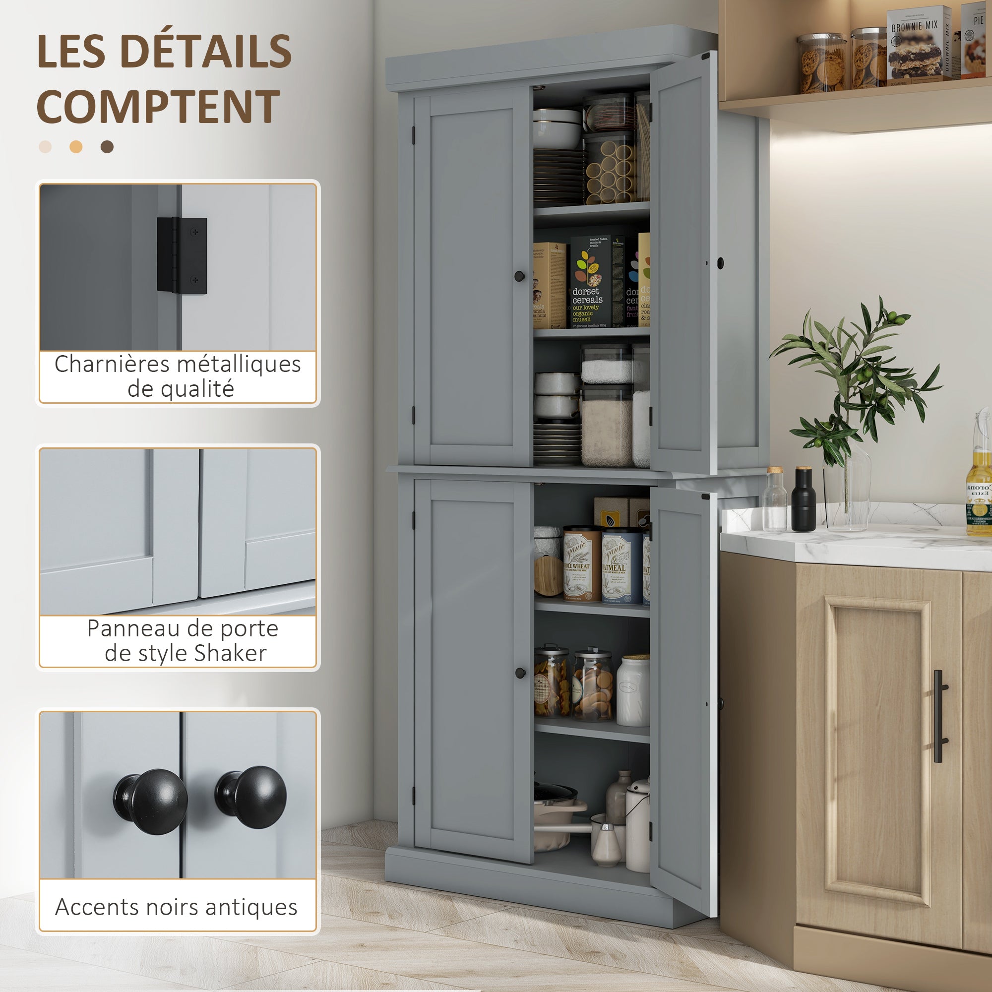 Armoire de cuisine buffet cuisine vaisselier meuble de rangement style moderne avec placards, étagères réglables, pour salle à manger, salon, 76 x 40,5 x 184 cm, gris