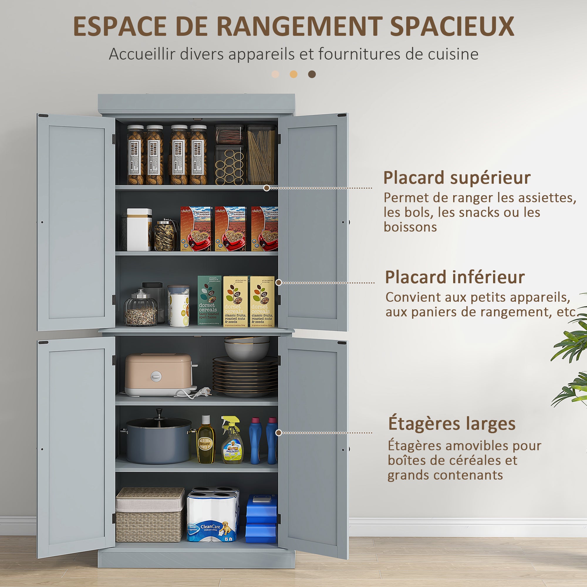 Armoire de cuisine buffet cuisine vaisselier meuble de rangement style moderne avec placards, étagères réglables, pour salle à manger, salon, 76 x 40,5 x 184 cm, gris