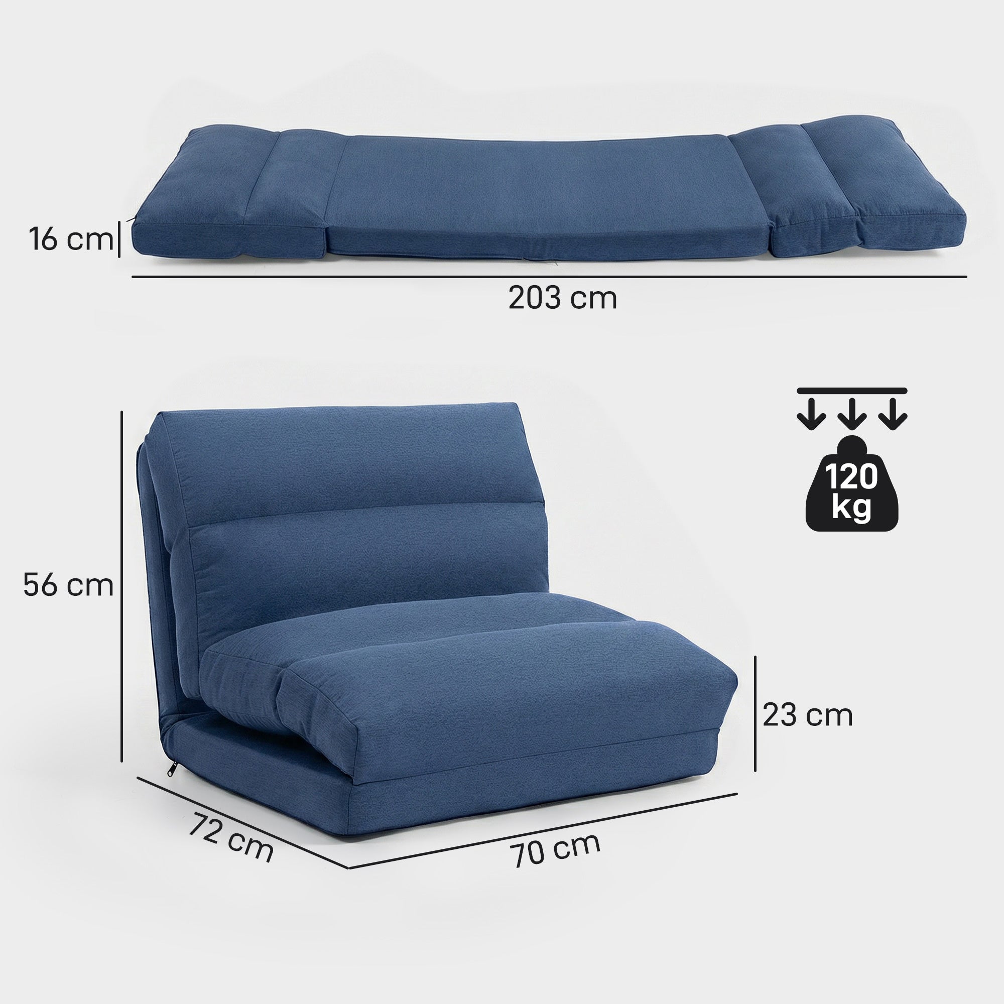 Canapé paresseux chauffeuse 1 place fauteuil paresseux convertible en lit fauteuil salon avec dossier inclinable sur 5 positions, charge 120 Kg, pour salon chambre et bureau, 70x72x56 cm, bleu