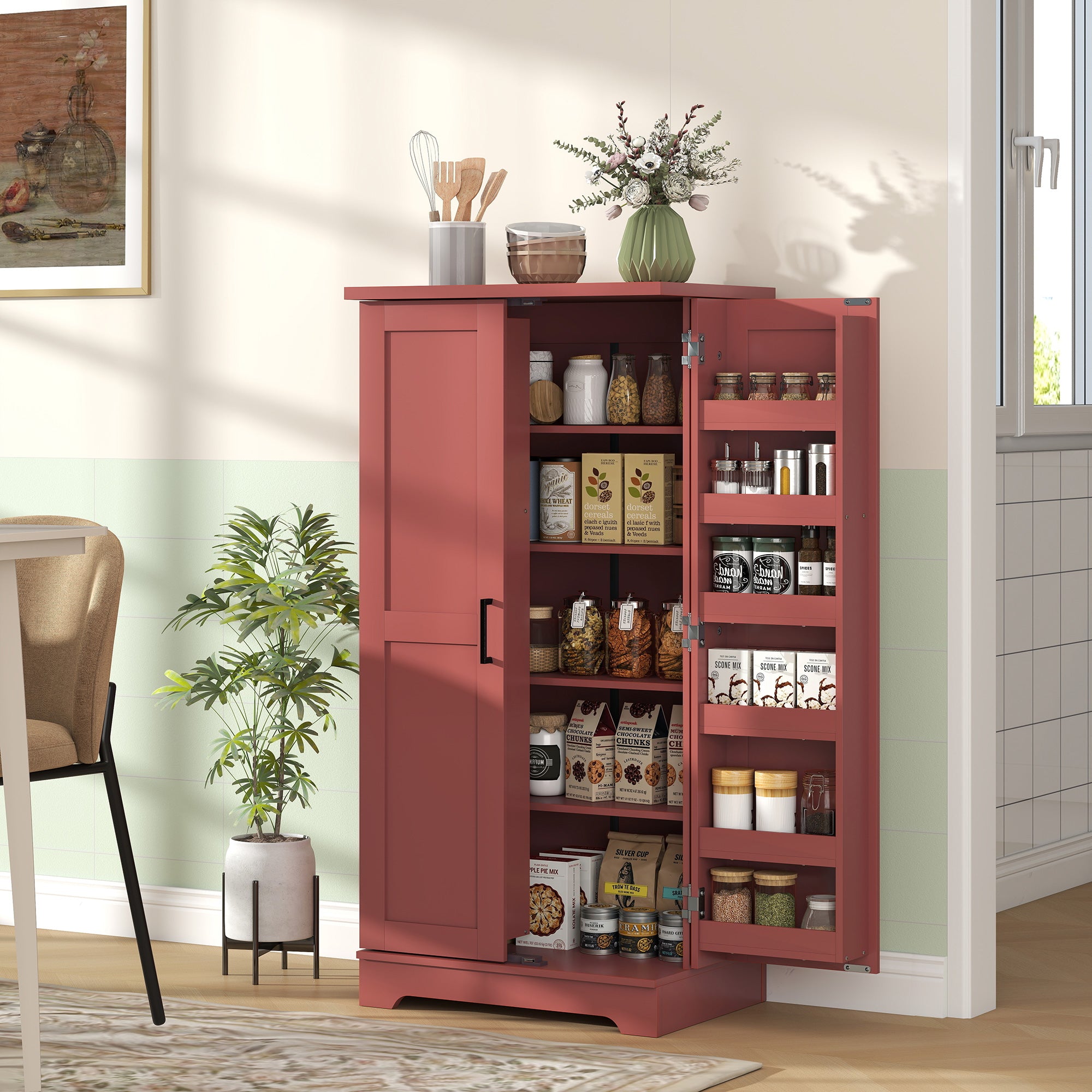 Buffet cuisine, armoire de cuisine, vaisselier, 5 niveaux, avec portes et étagères réglables, 60 x 40 x 120 cm, grain de bois, rouge