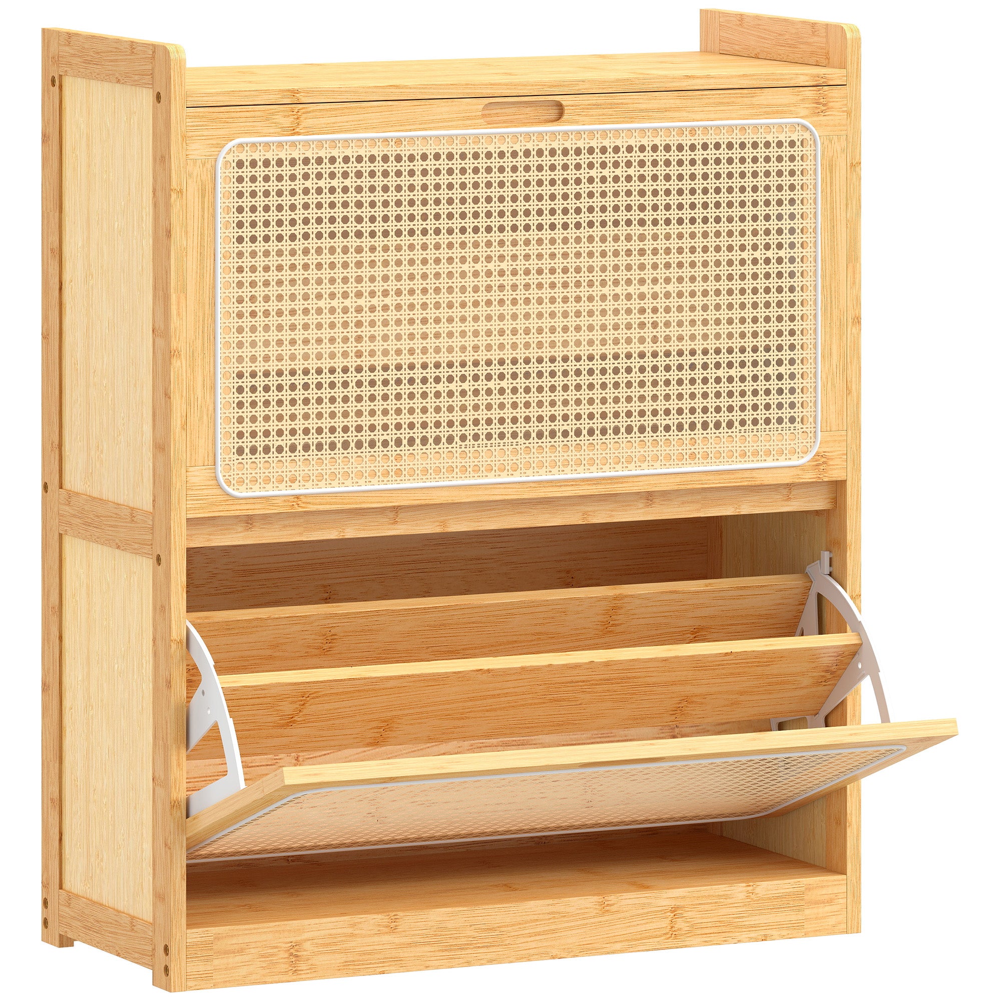 Meuble à chaussures 14 paires en bambou, armoire à chaussures étroite avec 2 tiroirs rabattables et étagères réglables, style bohème, pour couloir, entrée, 69 x 29 x 83 cm, bois naturel