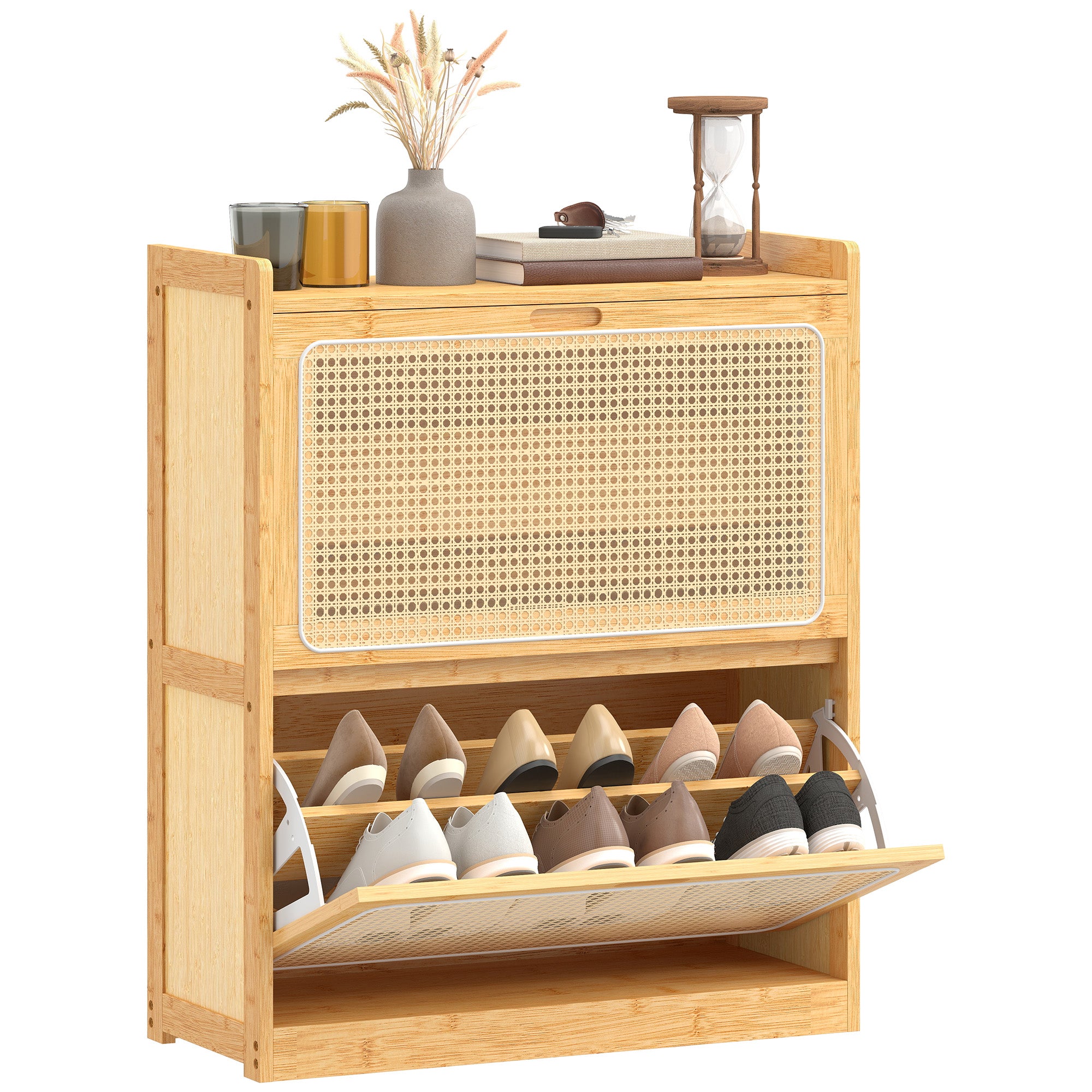 Meuble à chaussures 14 paires en bambou, armoire à chaussures étroite avec 2 tiroirs rabattables et étagères réglables, style bohème, pour couloir, entrée, 69 x 29 x 83 cm, bois naturel