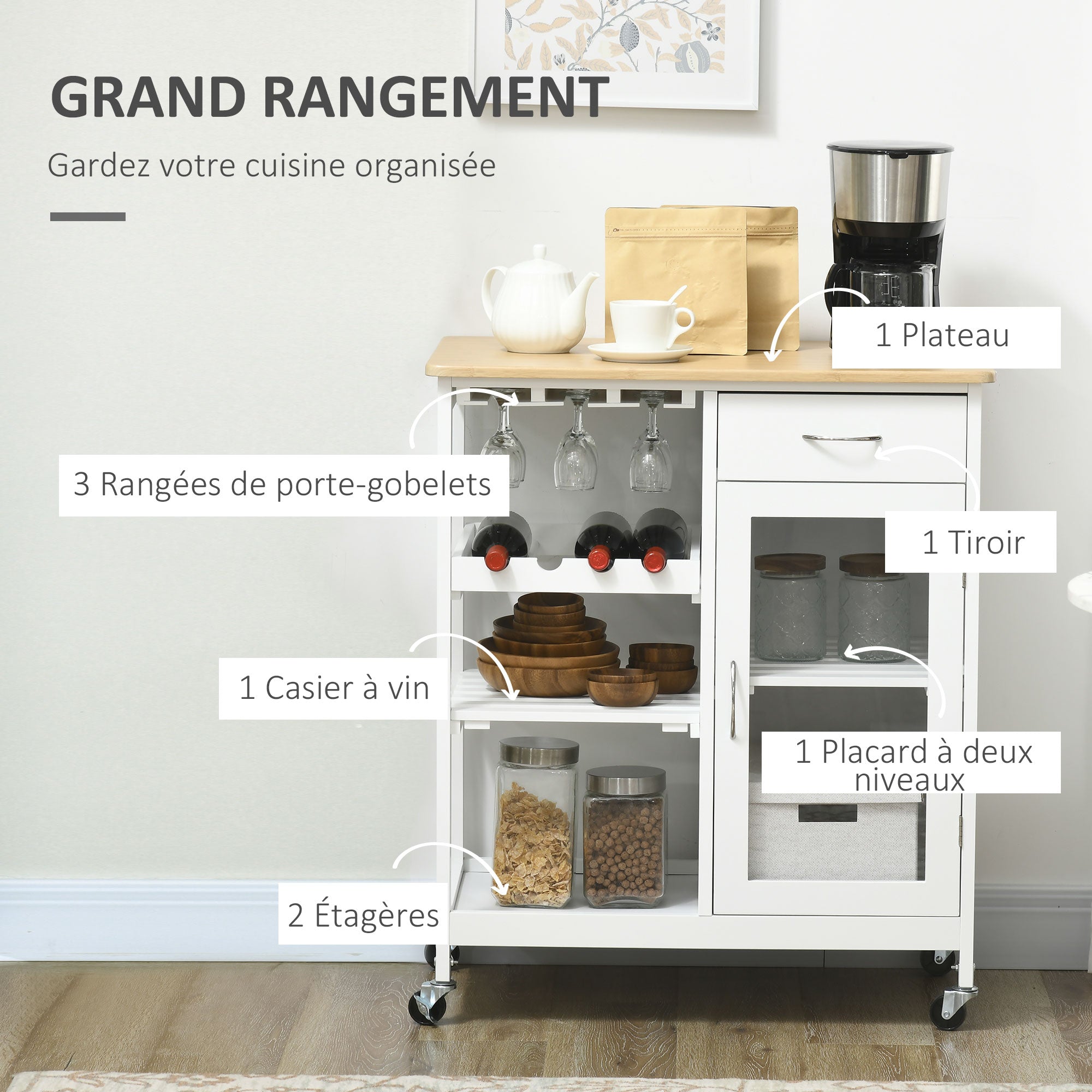 Desserte de Cuisine Chariot deservice à roulettes Multi-Rangement avec casier à vin, tiroir, Porte, étagères Blanc