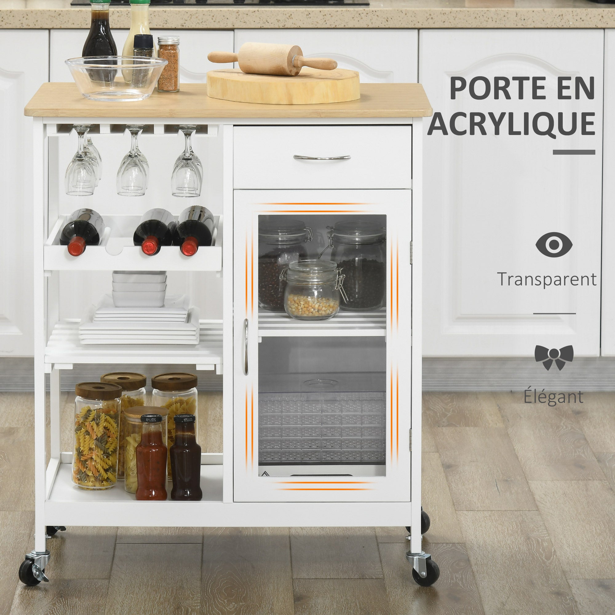 Desserte de Cuisine Chariot deservice à roulettes Multi-Rangement avec casier à vin, tiroir, Porte, étagères Blanc