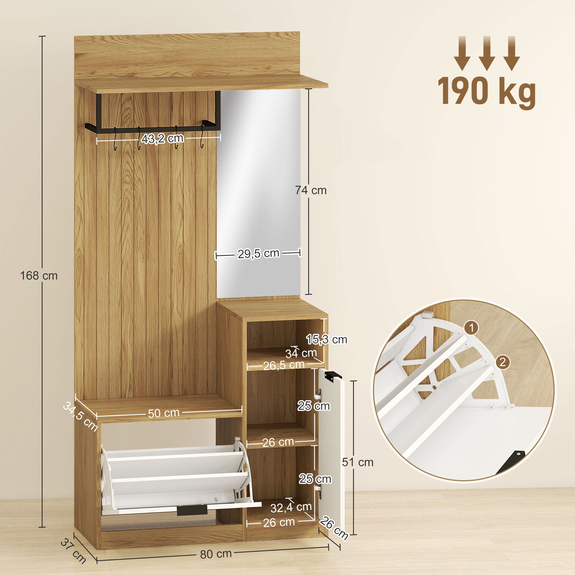 Meuble d'entrée 6 en 1, vestiaire d'entrée avec banc à chaussures rabattable, miroir, étagères, placard et patère, style moderne, porte-manteau pour couloir, chambre, salon, 80x37x168cm, chêne