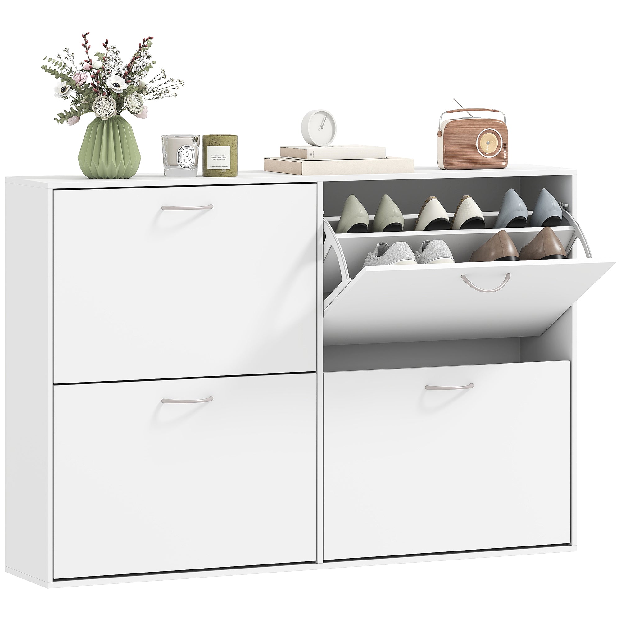 Armoire à Chaussures Meuble à Chaussures Grande Taille dim. 120L x 24l x 81H cm 4 Portes abattantes Double Niveau en Bois Blanc